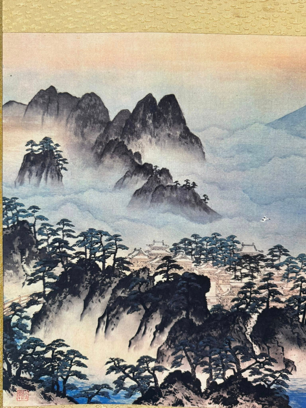 Vintage Japanese Woodblock Print Scroll | Mount Fuji & Cranes Kakemono