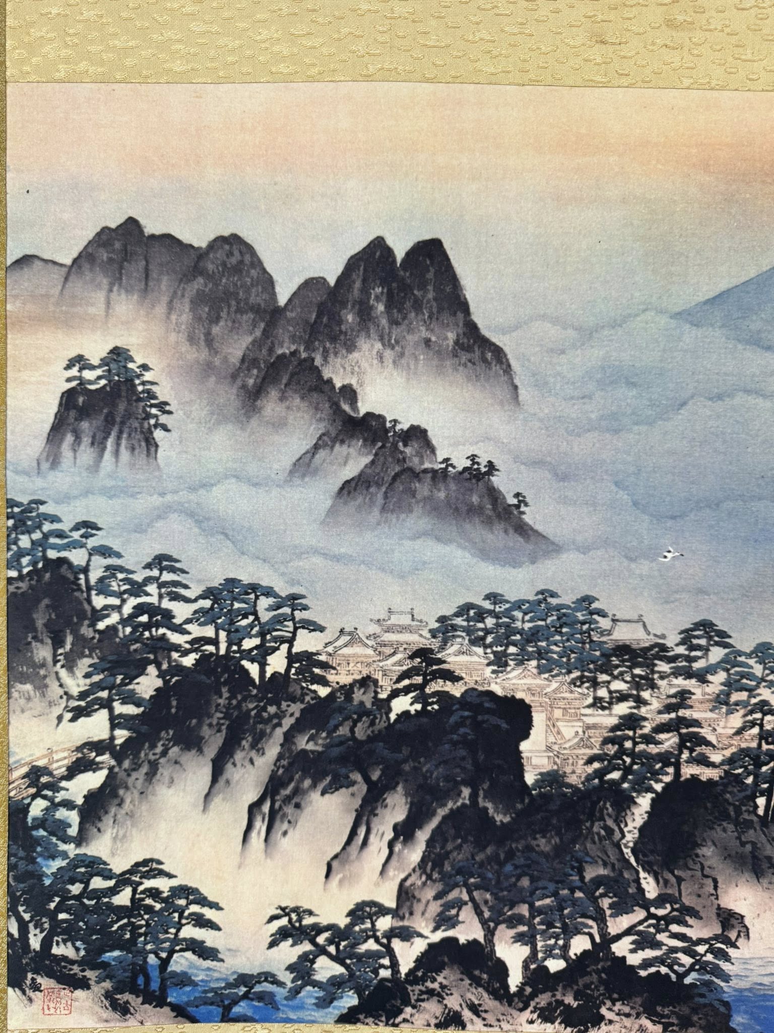 Vintage Japanese Woodblock Print Scroll | Mount Fuji & Cranes Kakemono