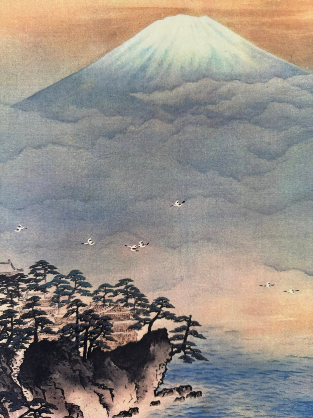 Vintage Japanese Woodblock Print Scroll | Mount Fuji & Cranes Kakemono