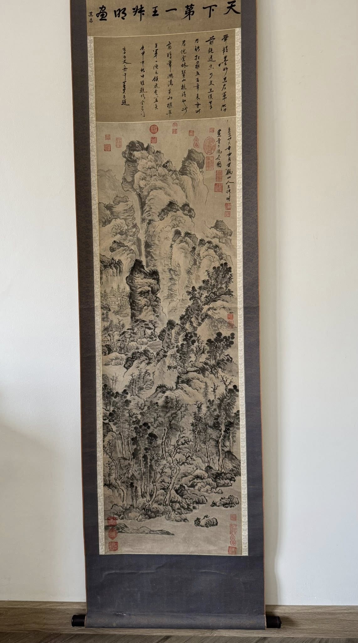 Vintage Japanese Ink Wash Scroll | Hand-Painted Sumi-e Mountain Landscape