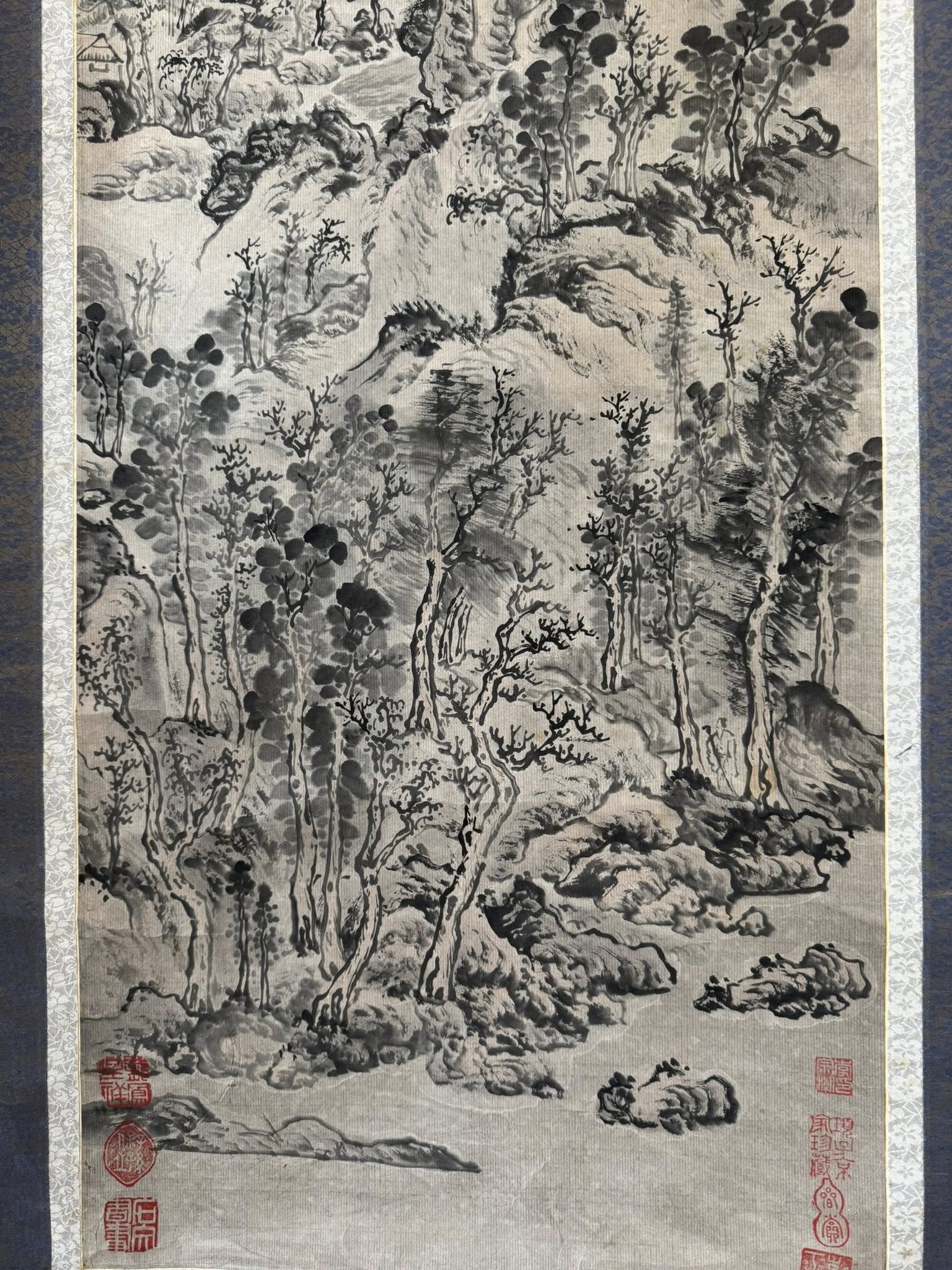 Vintage Japanese Ink Wash Scroll | Hand-Painted Sumi-e Mountain Landscape