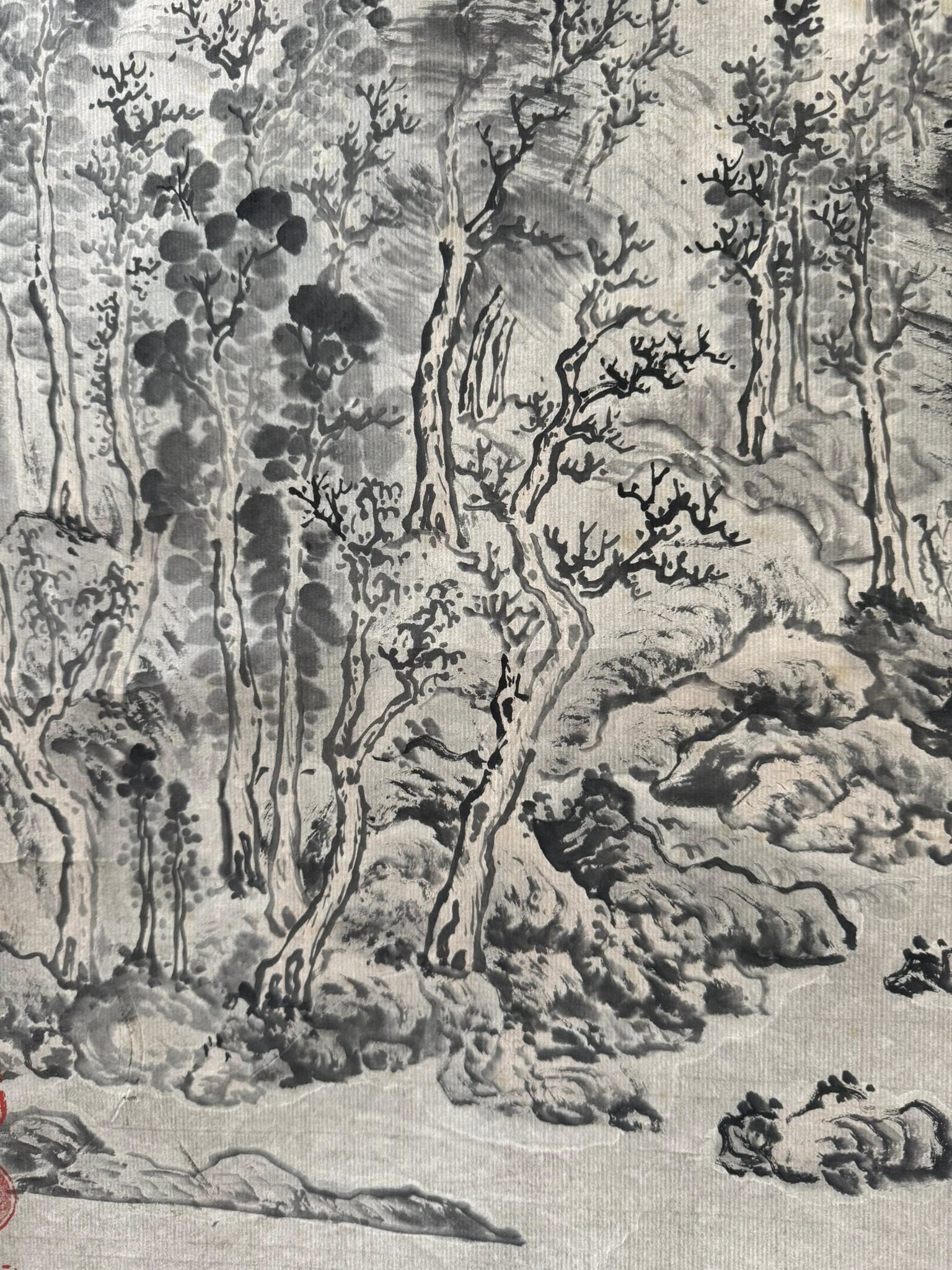 Vintage Japanese Ink Wash Scroll | Hand-Painted Sumi-e Mountain Landscape