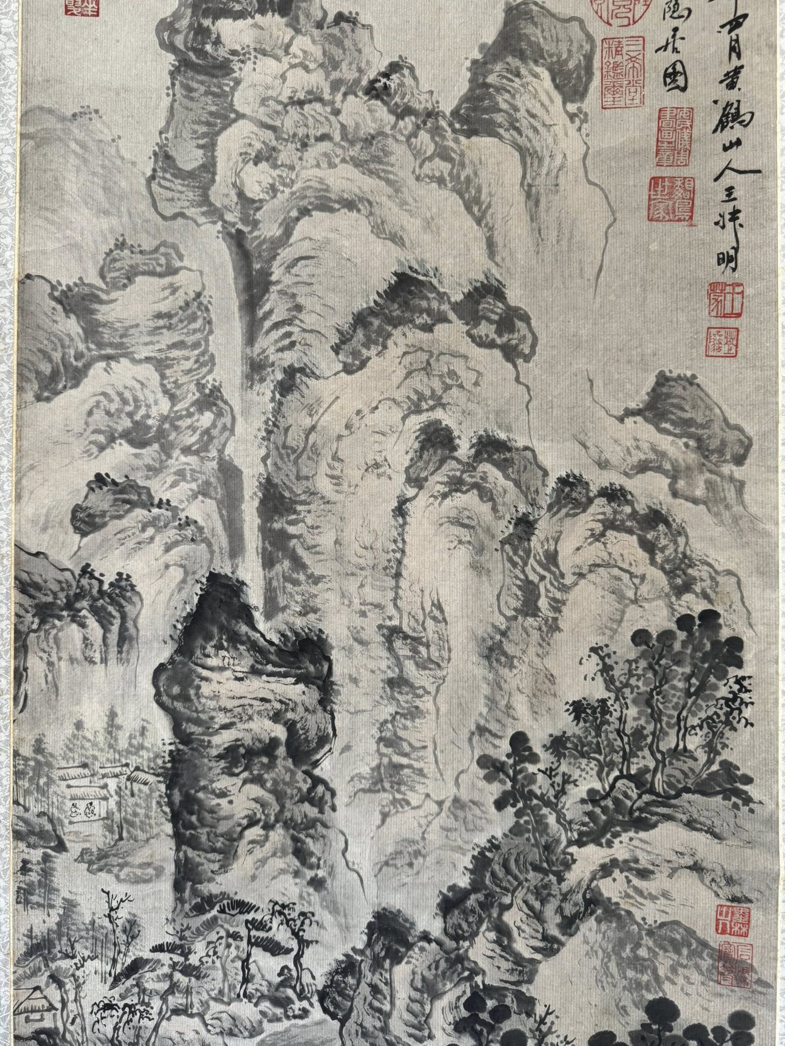 Vintage Japanese Ink Wash Scroll | Hand-Painted Sumi-e Mountain Landscape
