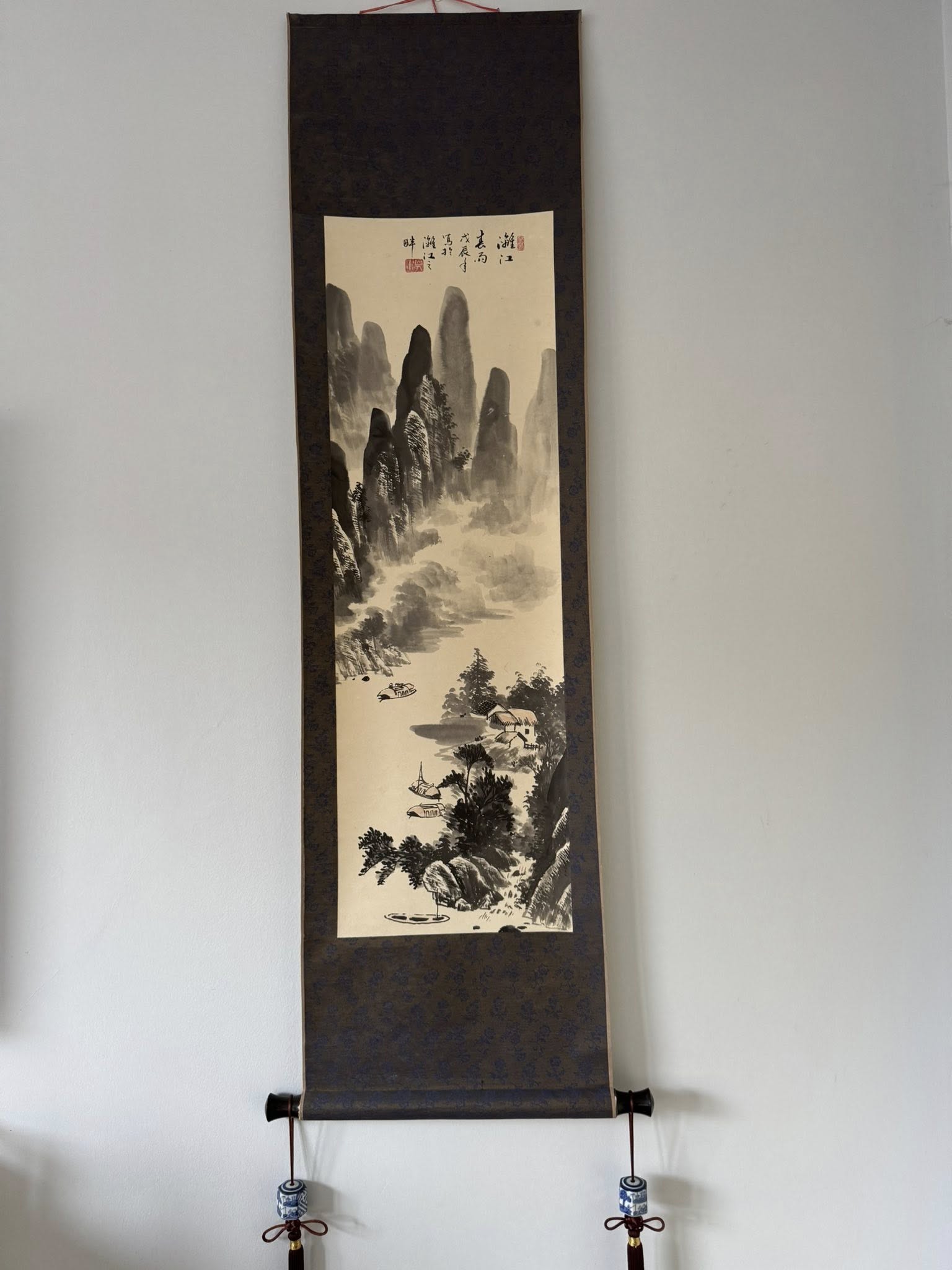 Japanese Ink Landscape Scroll - Hand-Painted Sumi-e Kakemono “Whispers of the Mountain Mist”