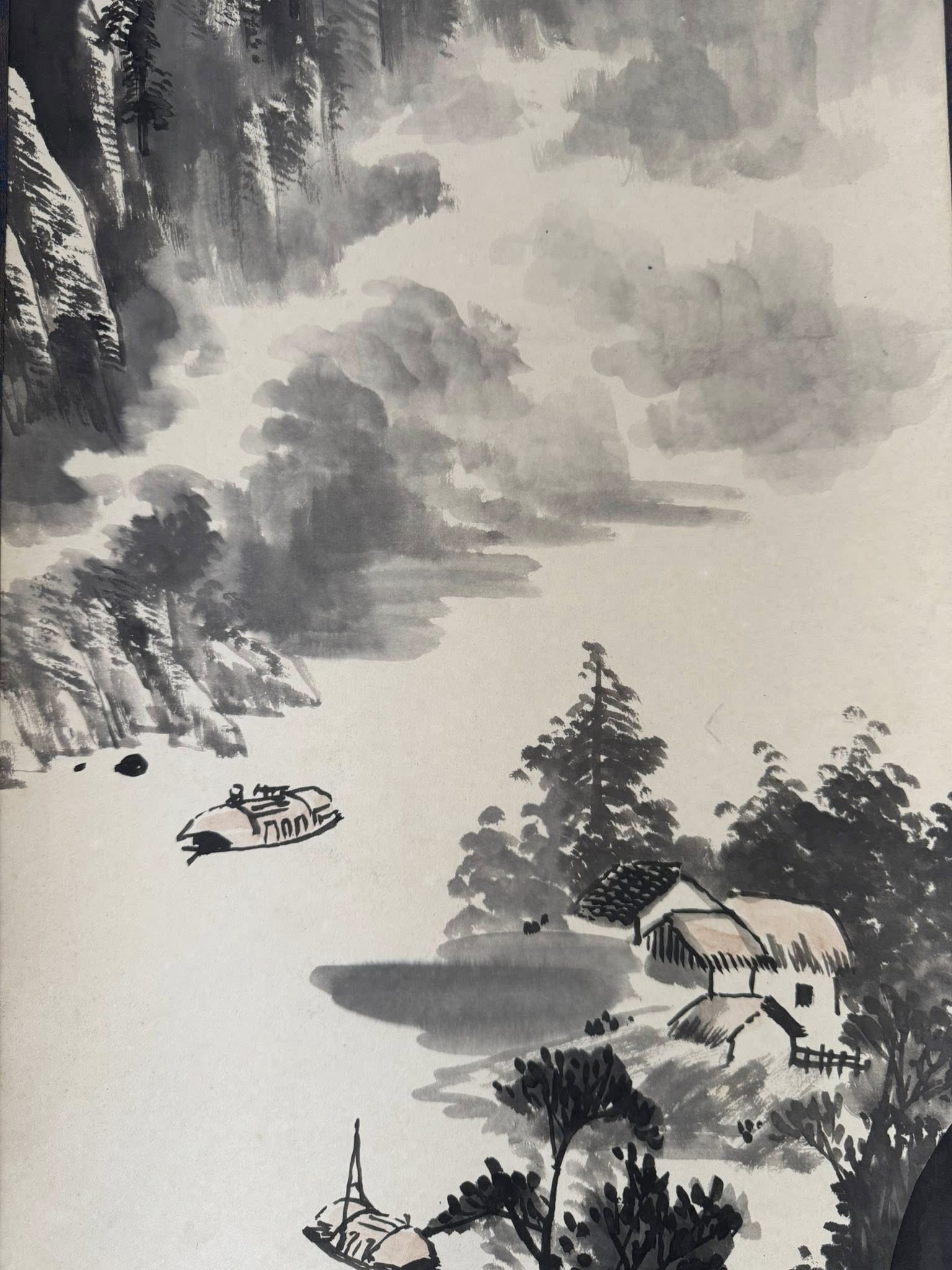 Japanese Ink Landscape Scroll - Hand-Painted Sumi-e Kakemono “Whispers of the Mountain Mist”