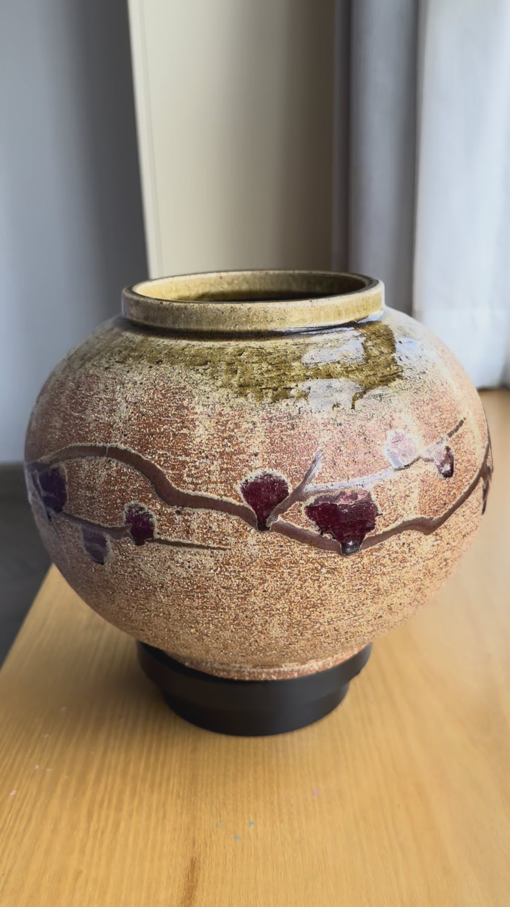 Japanese Rustic Stoneware Vase with Yellow-Pink Glaze & Red Plum Blossoms