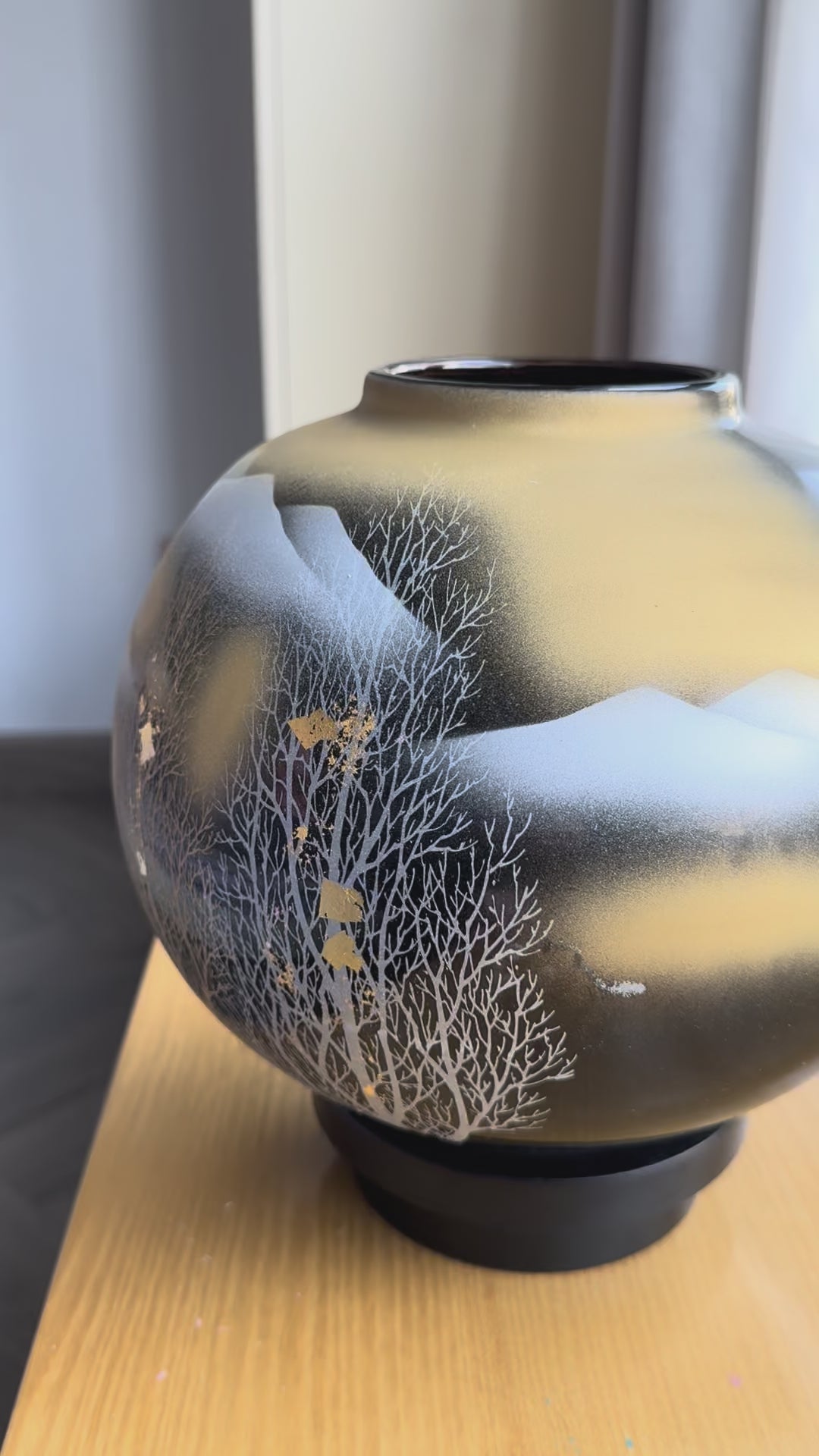 Kutani Gold-Glazed Vase with Mountain & Pine Forest Landscape - Japanese Art Pottery