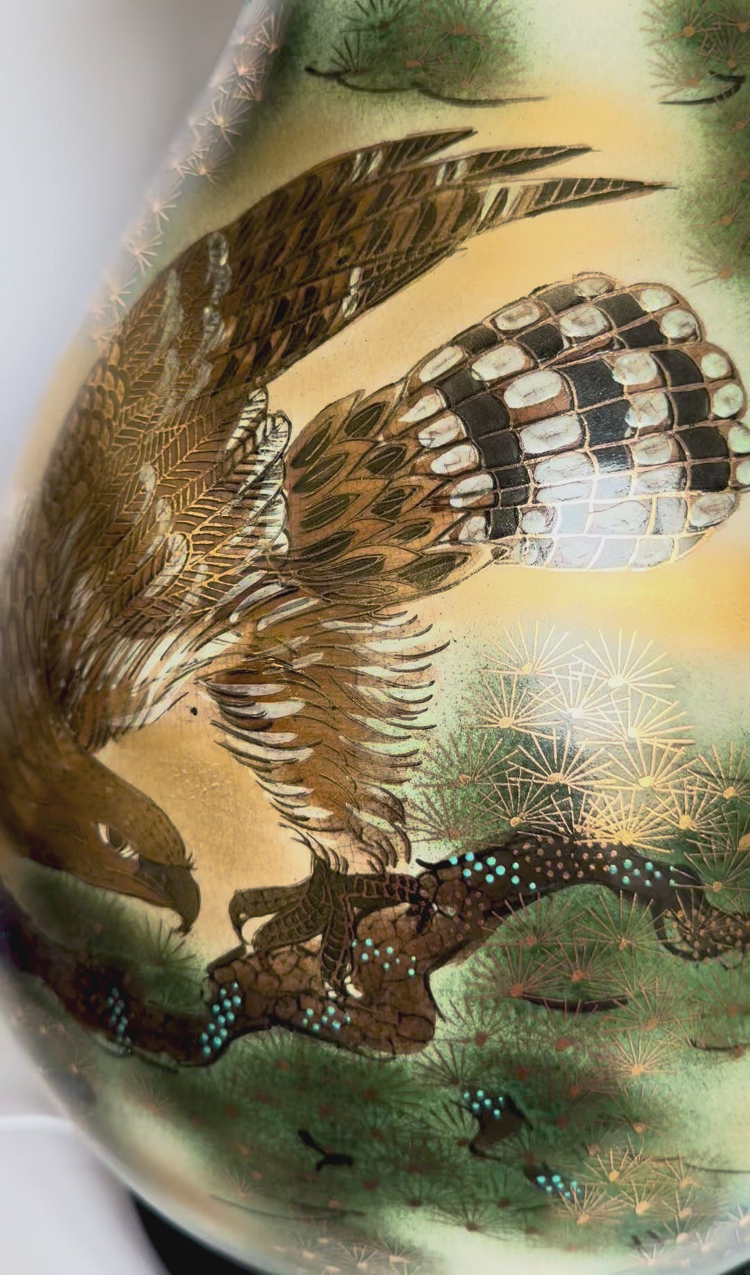 Vintage Meiji Satsuma Vase – Eagle & Pagoda Landscape, Rope-Neck Bag Form, Hand-Painted Gold