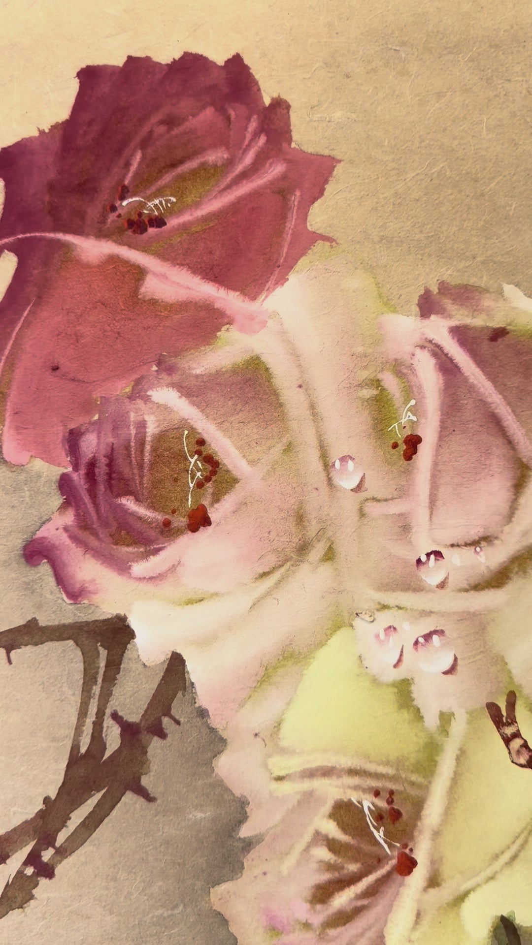 Vintage Japanese Watercolor Hanging Scroll | Hand-Painted Roses in Bloom | Elegant Kakejiku Wall Art