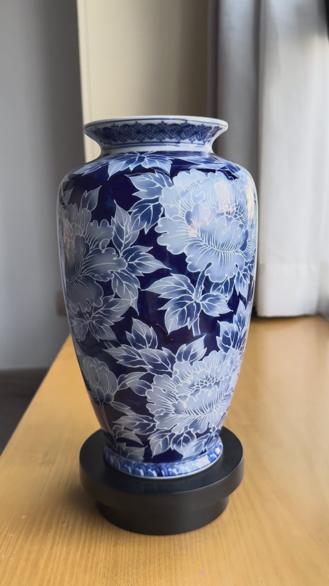 Arita Floral Vase | Blue & White Japanese Porcelain with Full-Body Peony Design