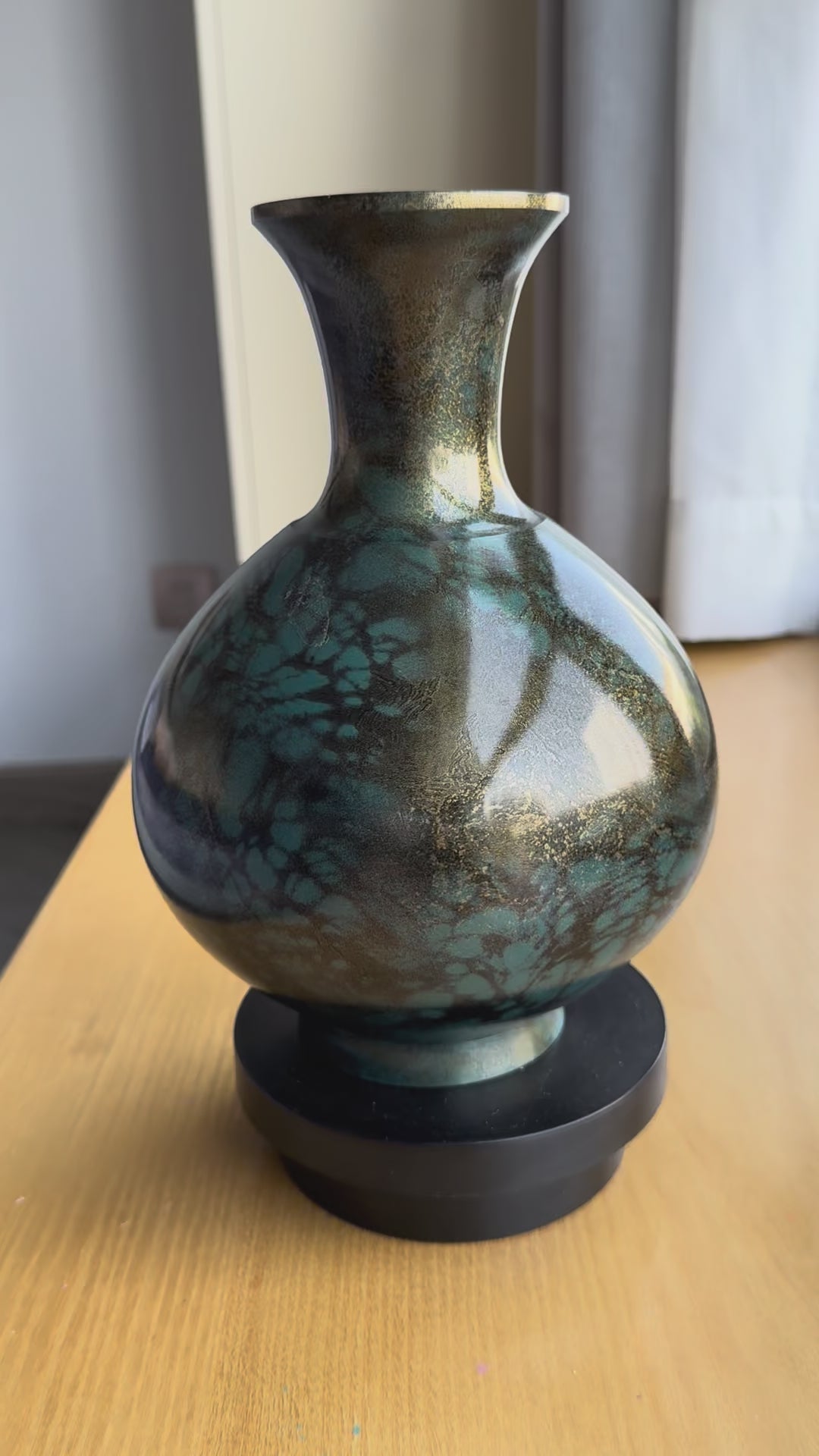 Japanese Blue-Green Bronze Vase with Gold Chrysanthemum Crest – Classic Traditional Shape – Vintage Japan
