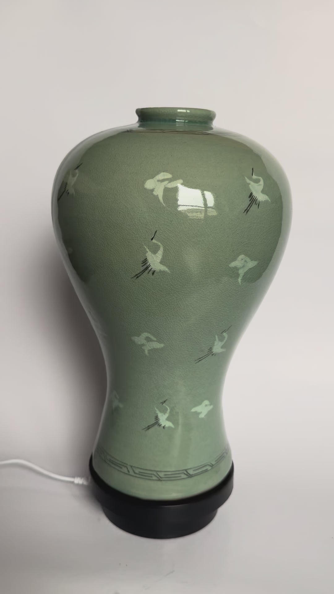 Korean Celadon Crane Vase | Handcrafted Vintage Green-Glaze Pottery