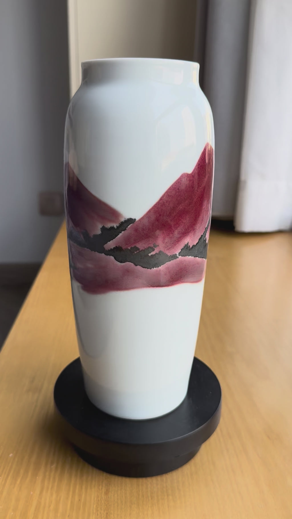 Handcrafted White Porcelain Vase - Hand-Painted Red Mountain Landscape | Minimalist Japanese Art Decor