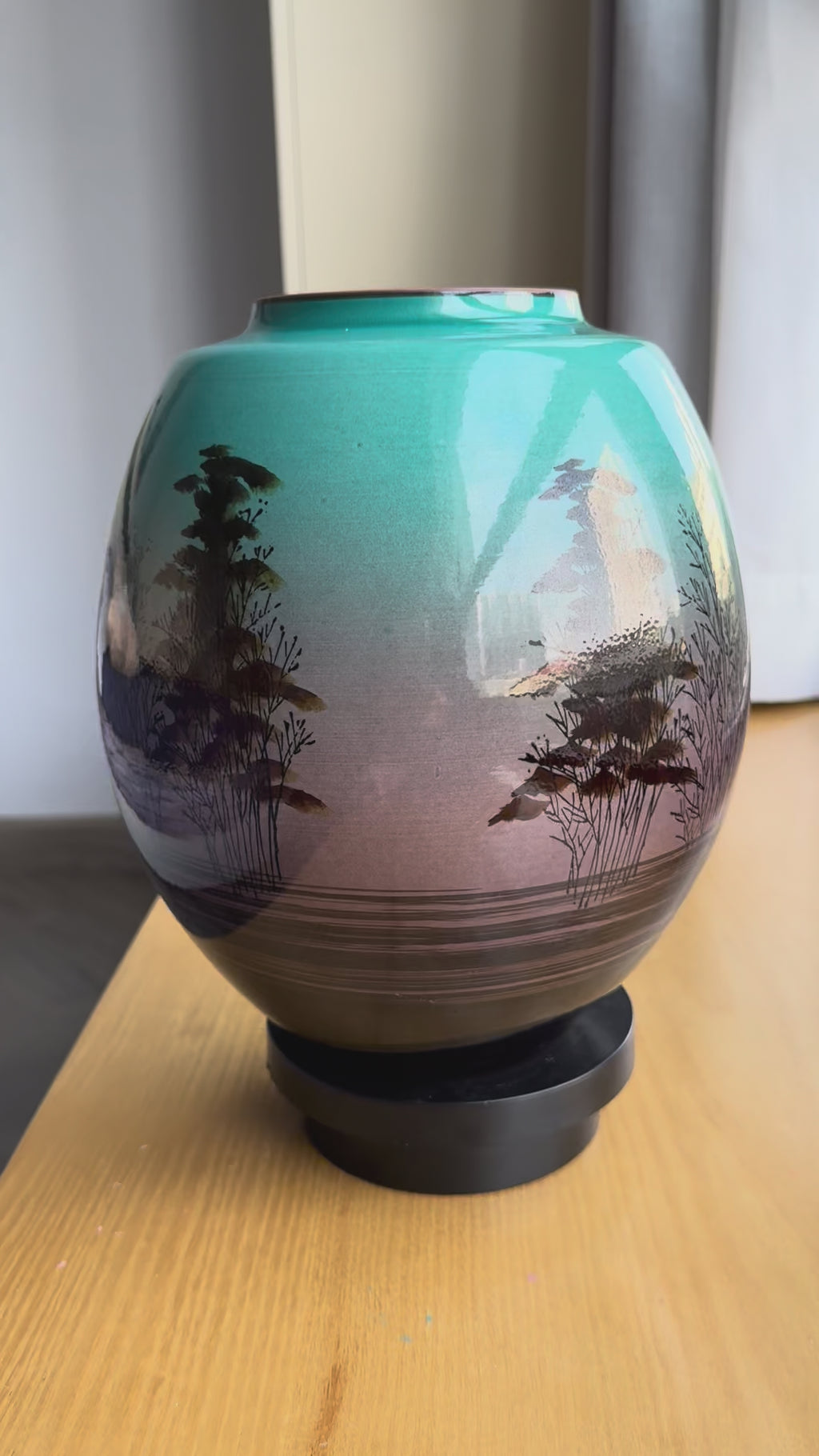 Kutani Vase – Green-Purple Glaze with Hand-Painted Landscape | Vintage Japanese Art Pottery
