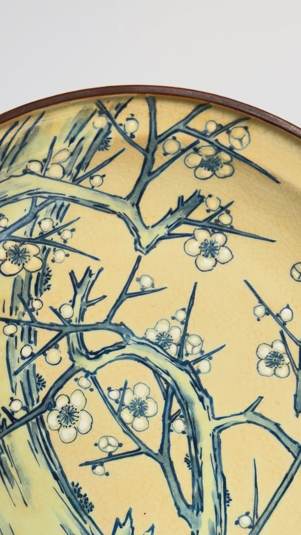 Kutani Decorative Plate – Hand Painted Blue Plum Blossoms on Yellow Glaze