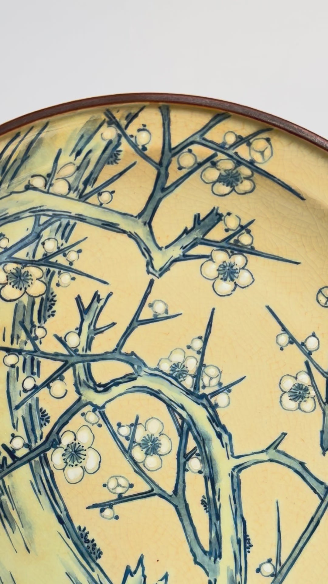 Kutani Decorative Plate – Hand Painted Blue Plum Blossoms on Yellow Glaze