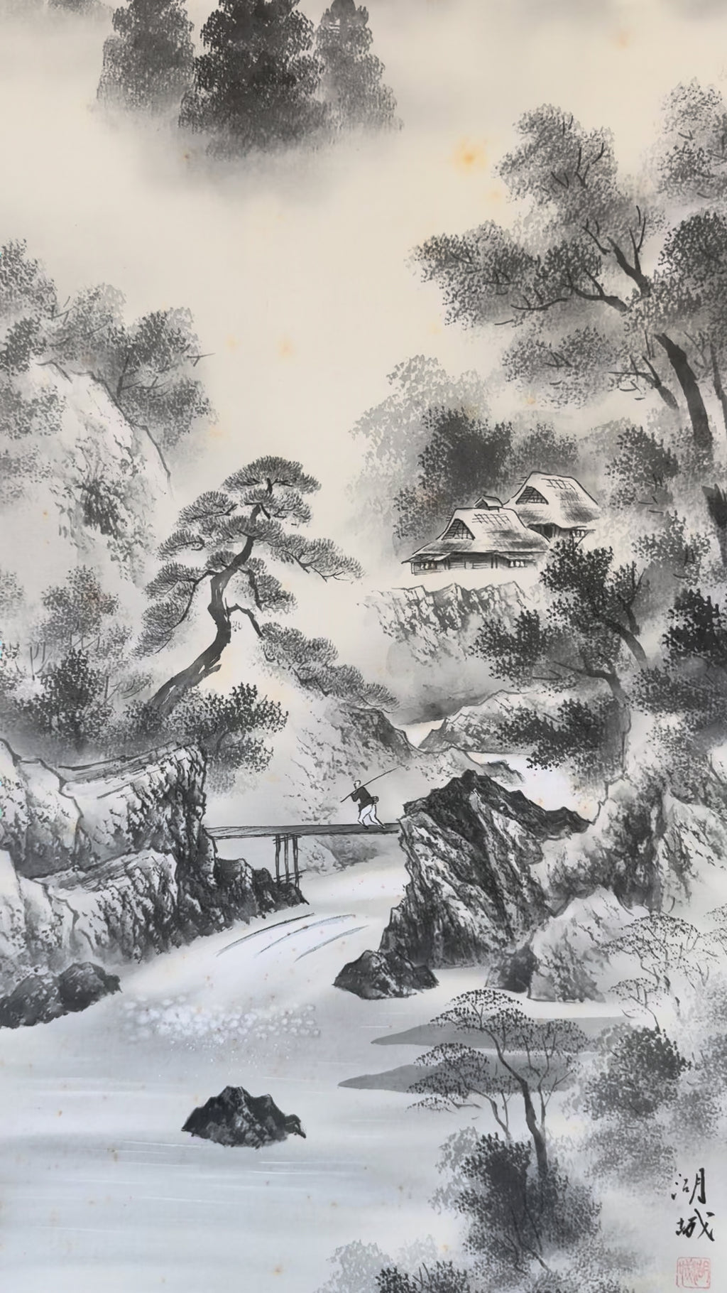 Japanese Winter Landscape Kakemono • Printed Sumi-e Mountain & Snow Scene Scroll