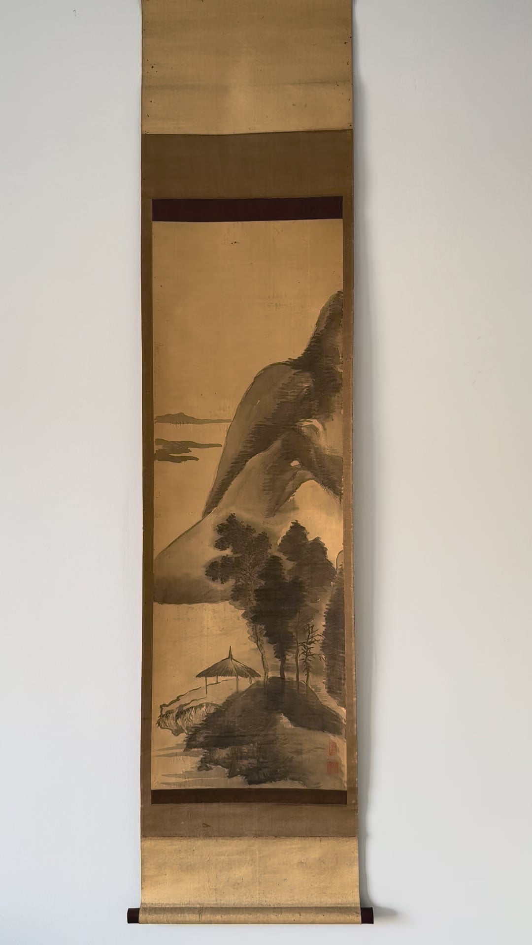 Vintage Japanese Sumi Landscape Kakemono - “Autumn Mountains, Distant Village” Hanging Scroll