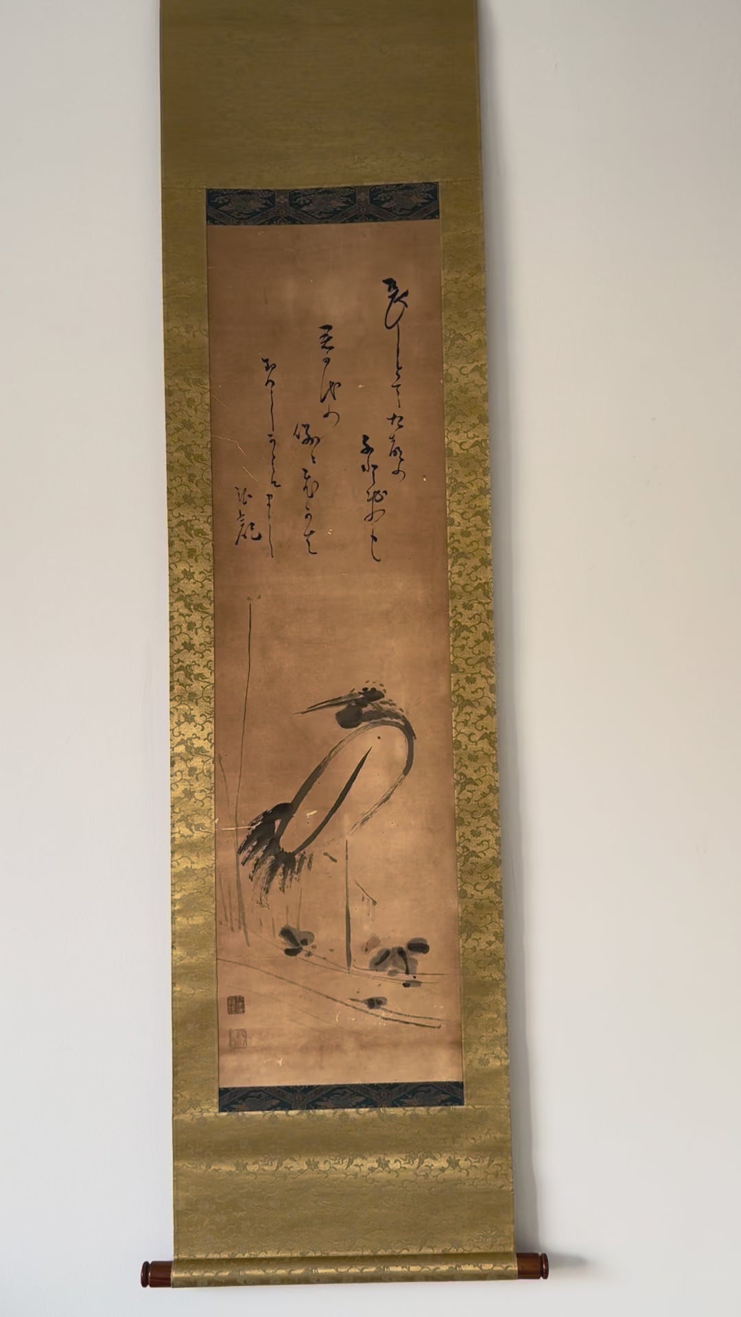 Vintage Japanese Kakemono Crane & Waka Calligraphy - Autumn Poetry Hanging Scroll