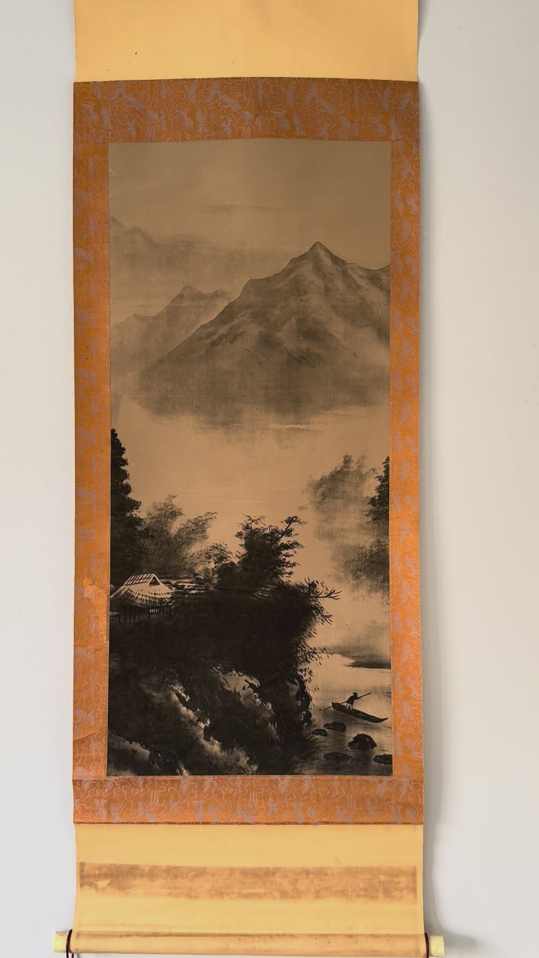 Vintage Japanese Landscape Kakemono Print - Sumi-Ink Mountain & River Hanging Scroll