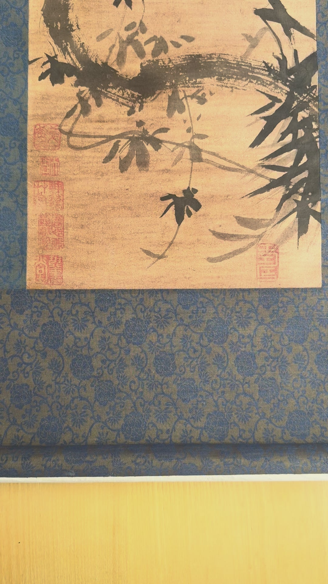 Vintage Japanese Hanging Scroll – Ink Bird on Bamboo Branch with Calligraphy