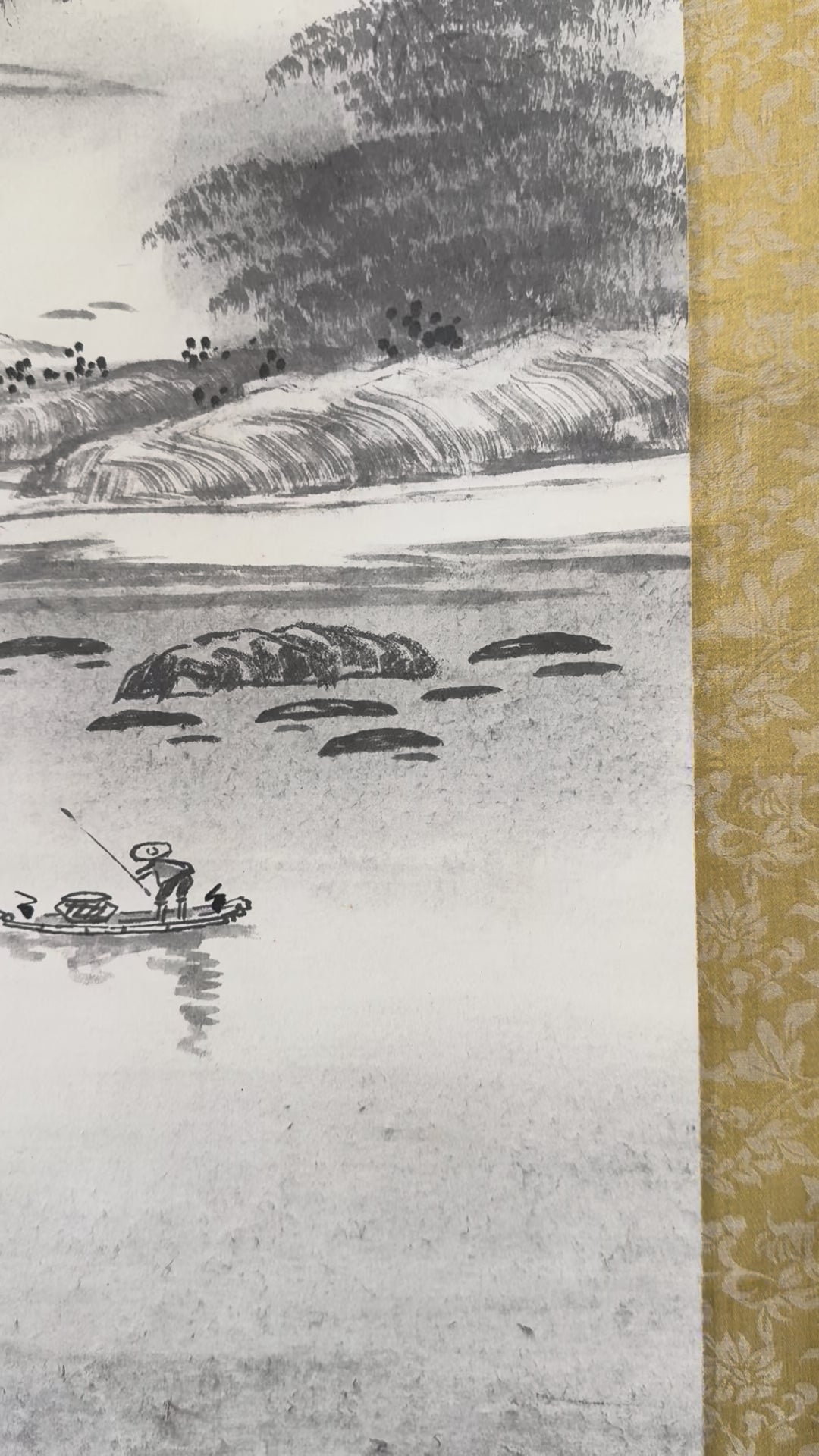 Vintage Japanese Ink Landscape Hanging Scroll – Mountain and River Scene with Calligraphy