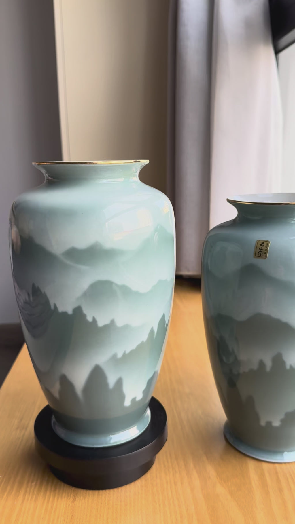 Kutani Celadon Landscape Vase Pair | Japanese Seiji Green Glaze with Mountain Scenery