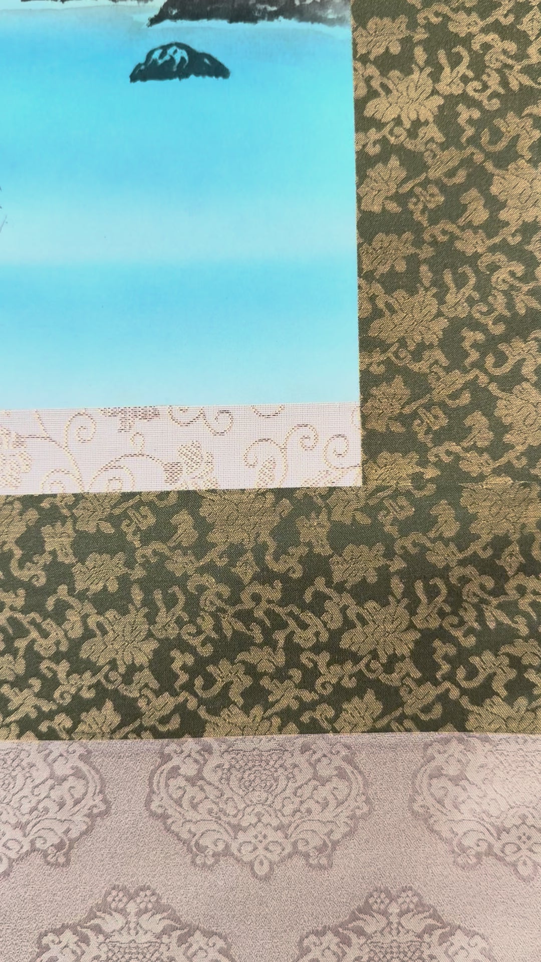 Japanese Blue Landscape Kakemono • Printed Mountain & River Scroll