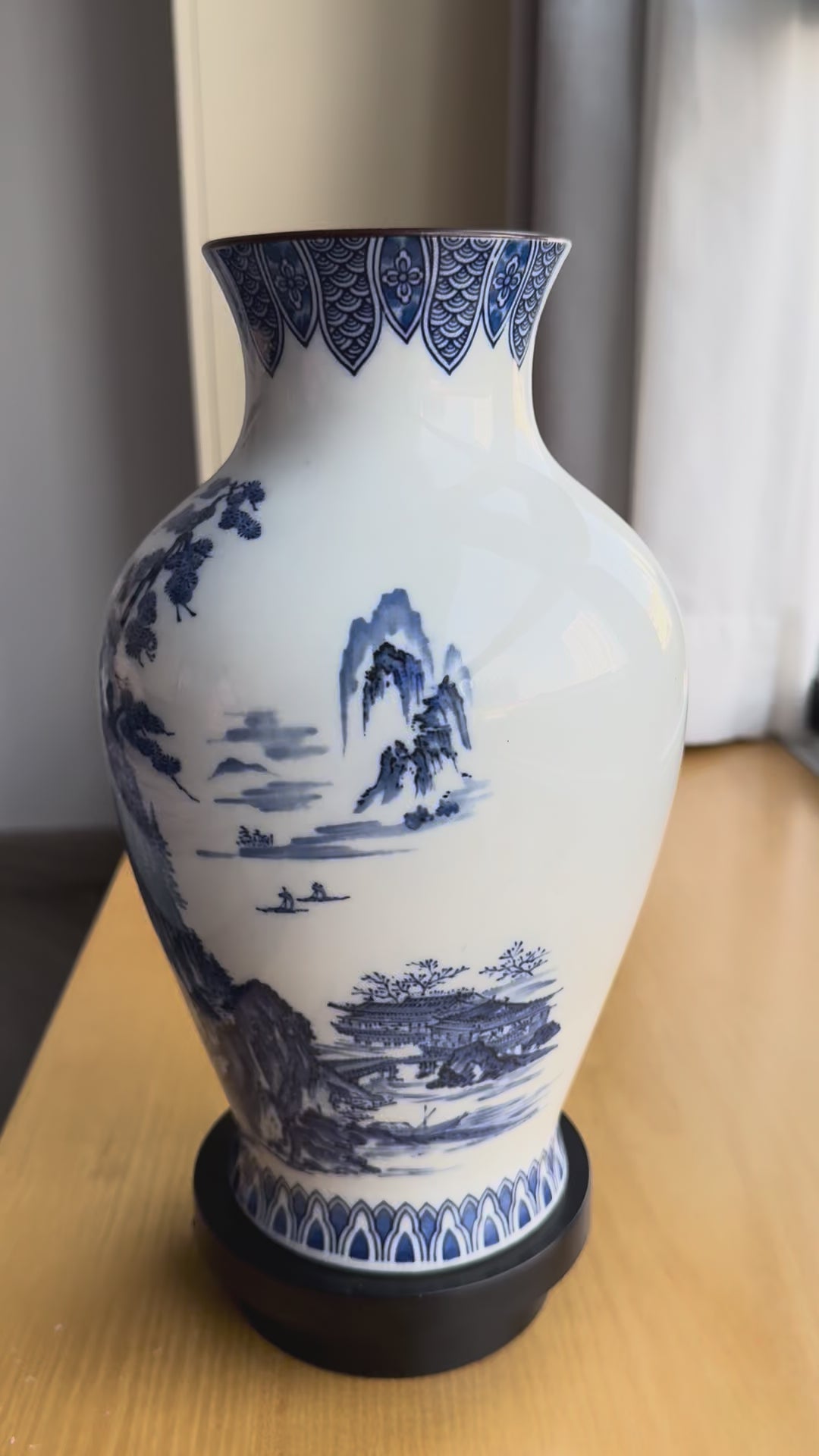 Arita Blue-and-White Landscape Vase . Hand-Painted Japanese Porcelain