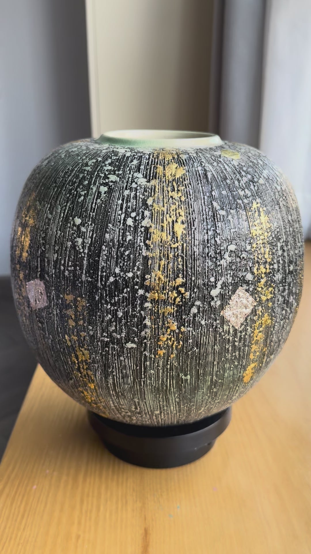 Vase in the Style of Masafumi Fujiwara– Moss Green Textured Glaze with Hand-Applied Gold Leaf