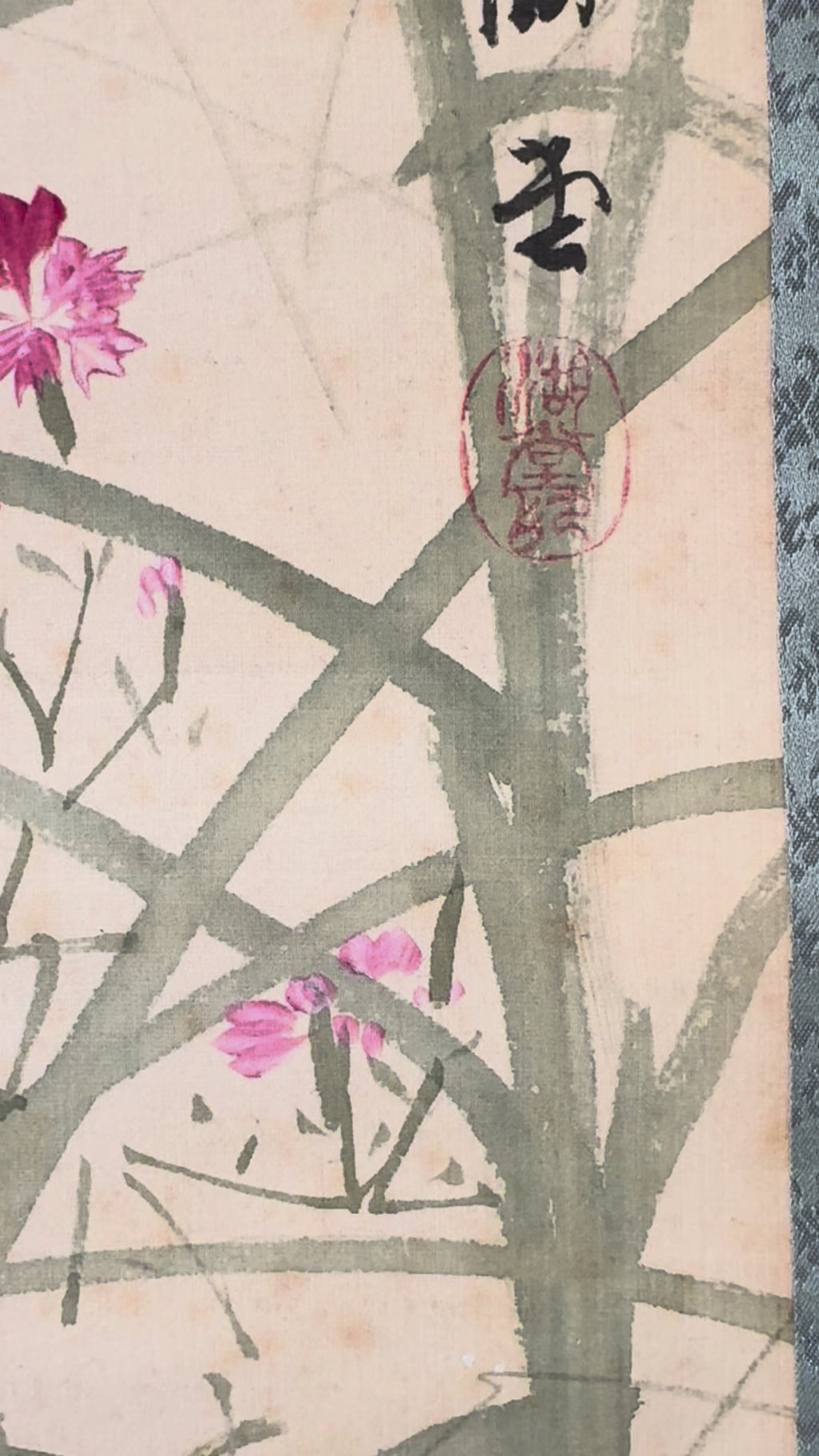 Japanese Flower Calligraphy Hanging Scroll – Autumn Kacho-ga Nihonga Painting by Shuho, Modern Kakemono with Kanshi Poetry