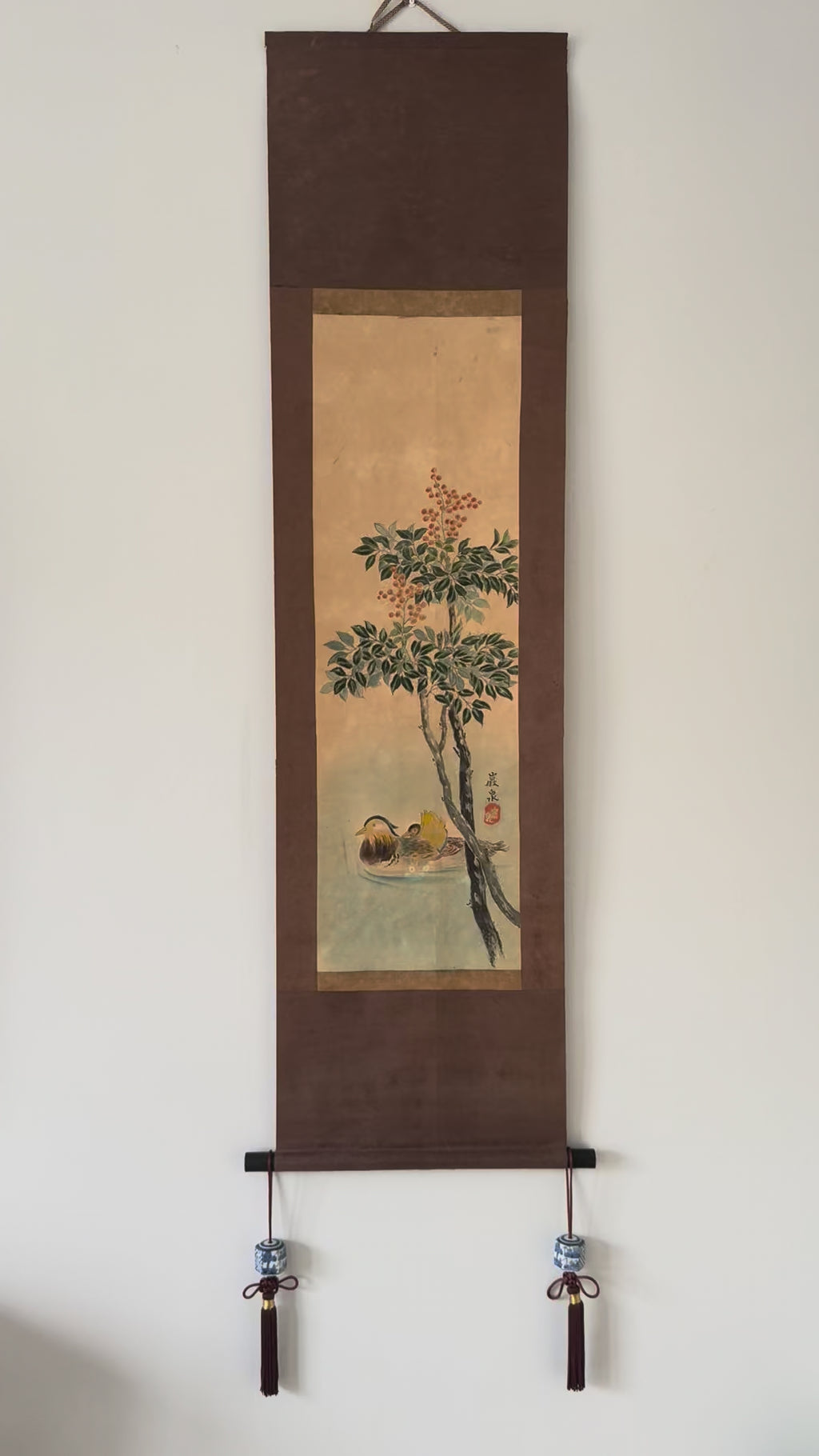 Japanese Nanten & Mandarin Ducks Hanging Scroll – Vintage Showa Nihonga Kakemono
