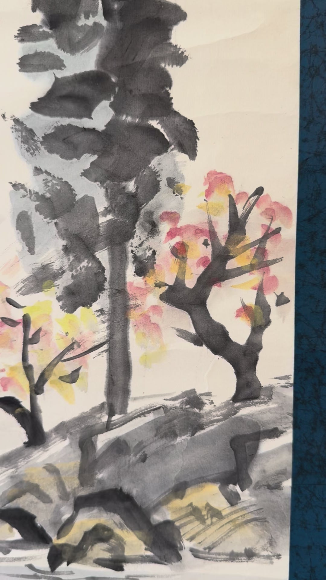 Vintage Japanese Landscape Scroll – Mountain River Scene in Ink and Light Color