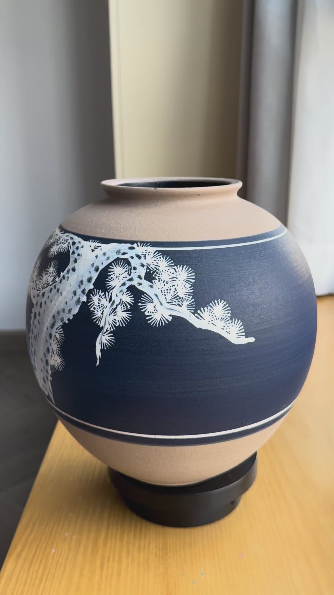 Japanese Stoneware Vase with Hand-Painted Pine Tree on Navy Glaze