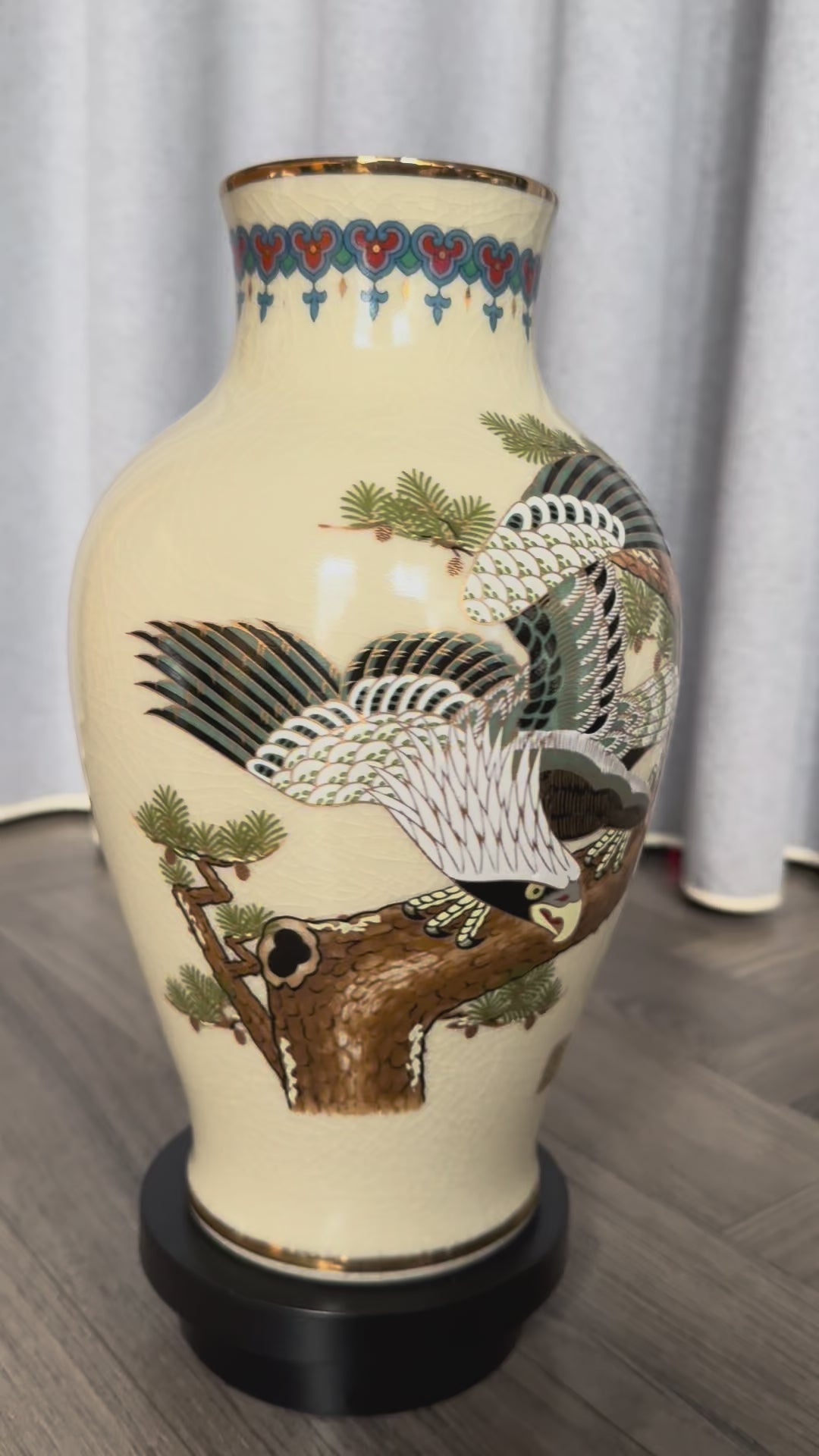 Japanese Satsuma Vase with Eagle & Pine Tree | Hand-Painted Crackle Glaze Art | Vintage Japanese Pottery