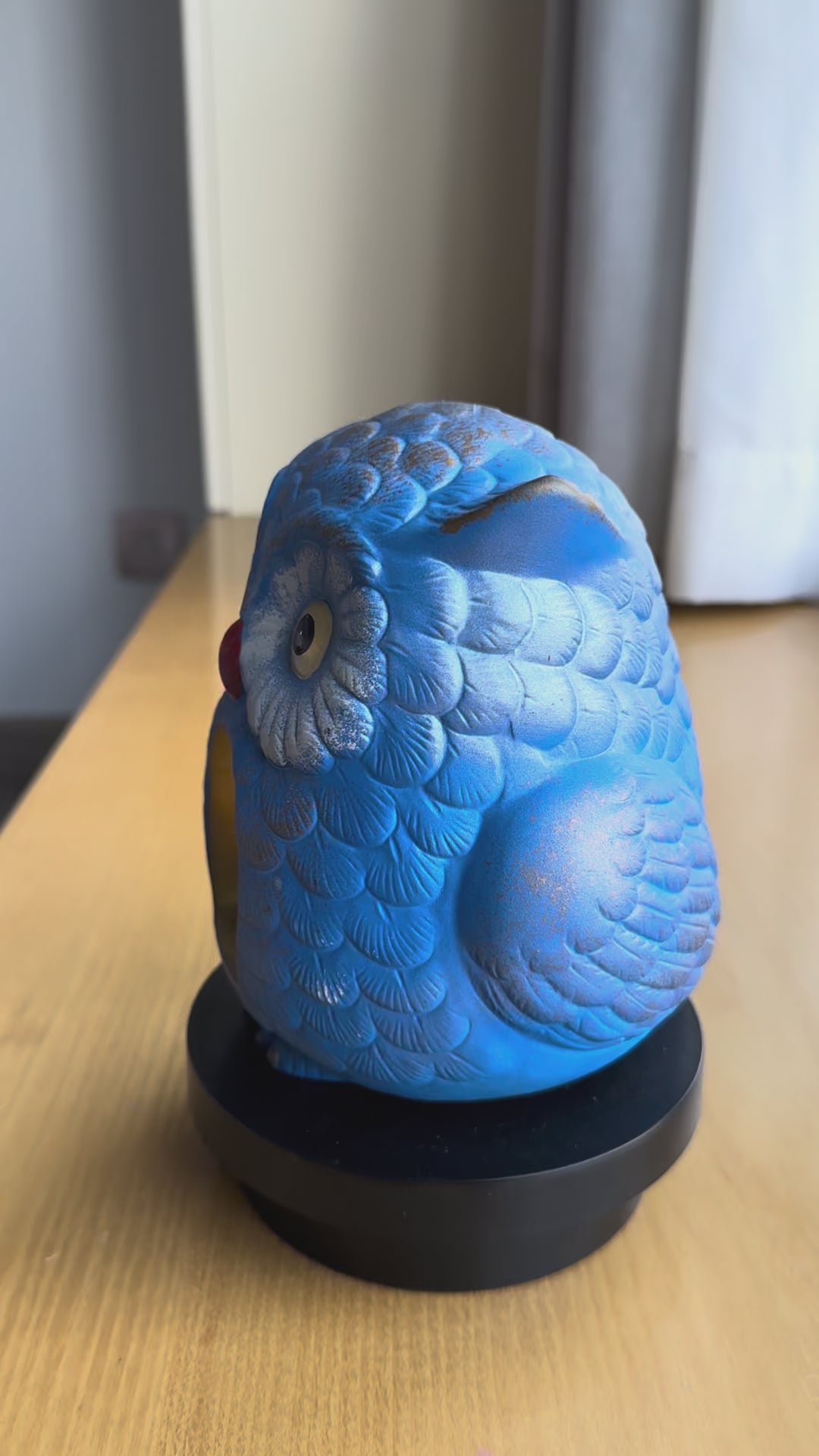 Golden-Bell Blue Owl Figurine - Handcrafted Japanese Ceramic