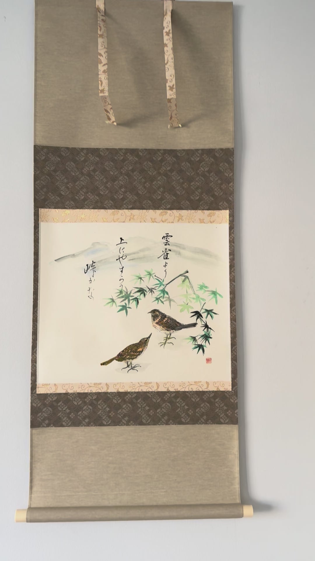 Japanese Kakemono with Two Birds & Maple Leaves – Hand-Painted Nature Hanging Scroll with Calligraphy