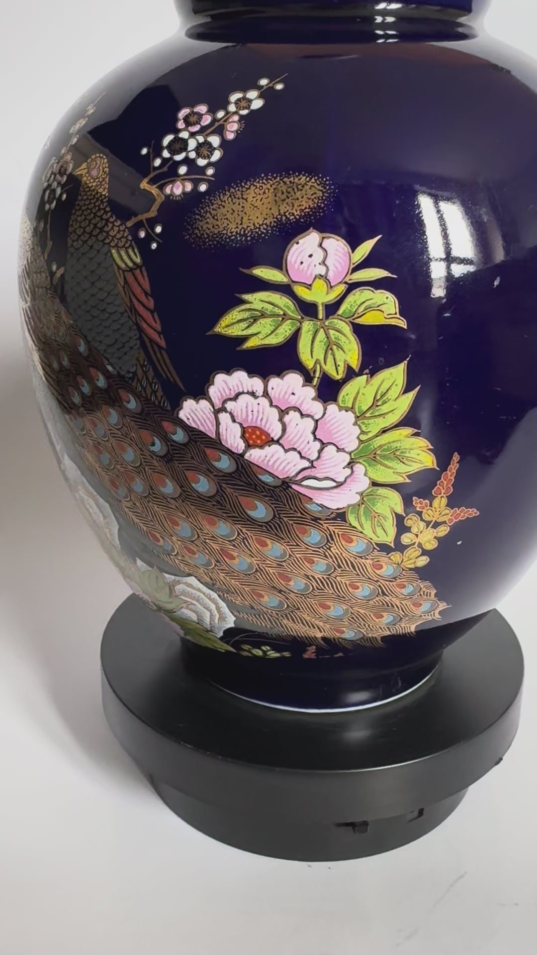Japanese Cobalt Blue Peacock Vase – Hand Painted Peony Porcelain