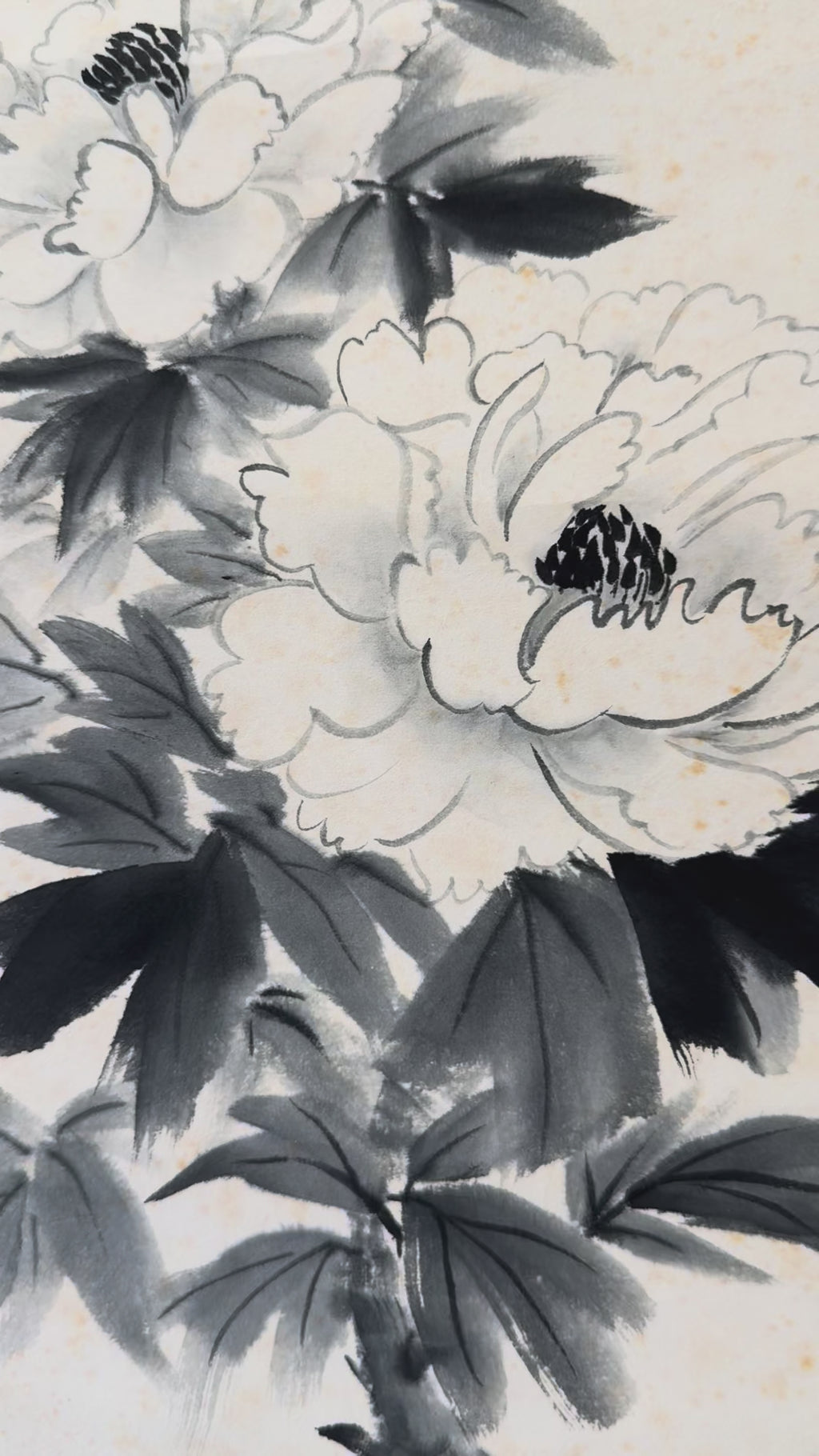 Vintage Japanese Ink Flower Hanging Scroll – Peony Blossom in Monochrome Brushwork