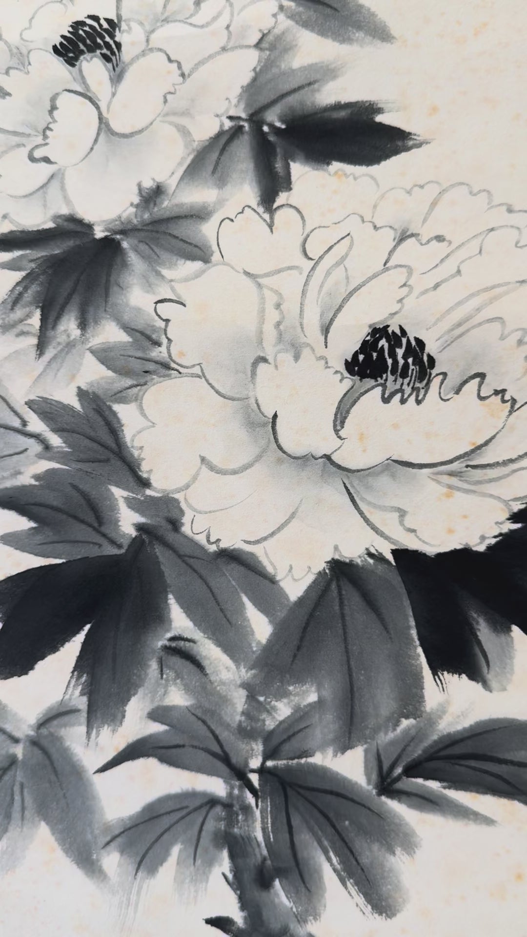 Vintage Japanese Ink Flower Hanging Scroll – Peony Blossom in Monochrome Brushwork