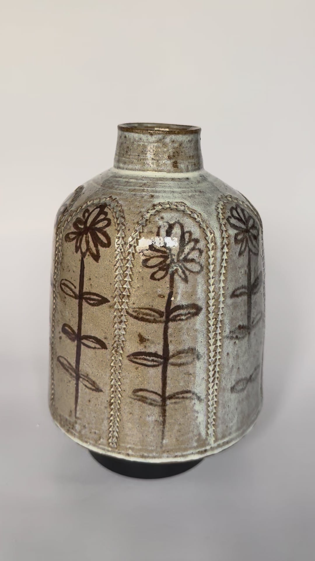 Vintage Rustic Ceramic Vase – Handmade Pottery with Simple Floral Motif, Wabi-Sabi Style