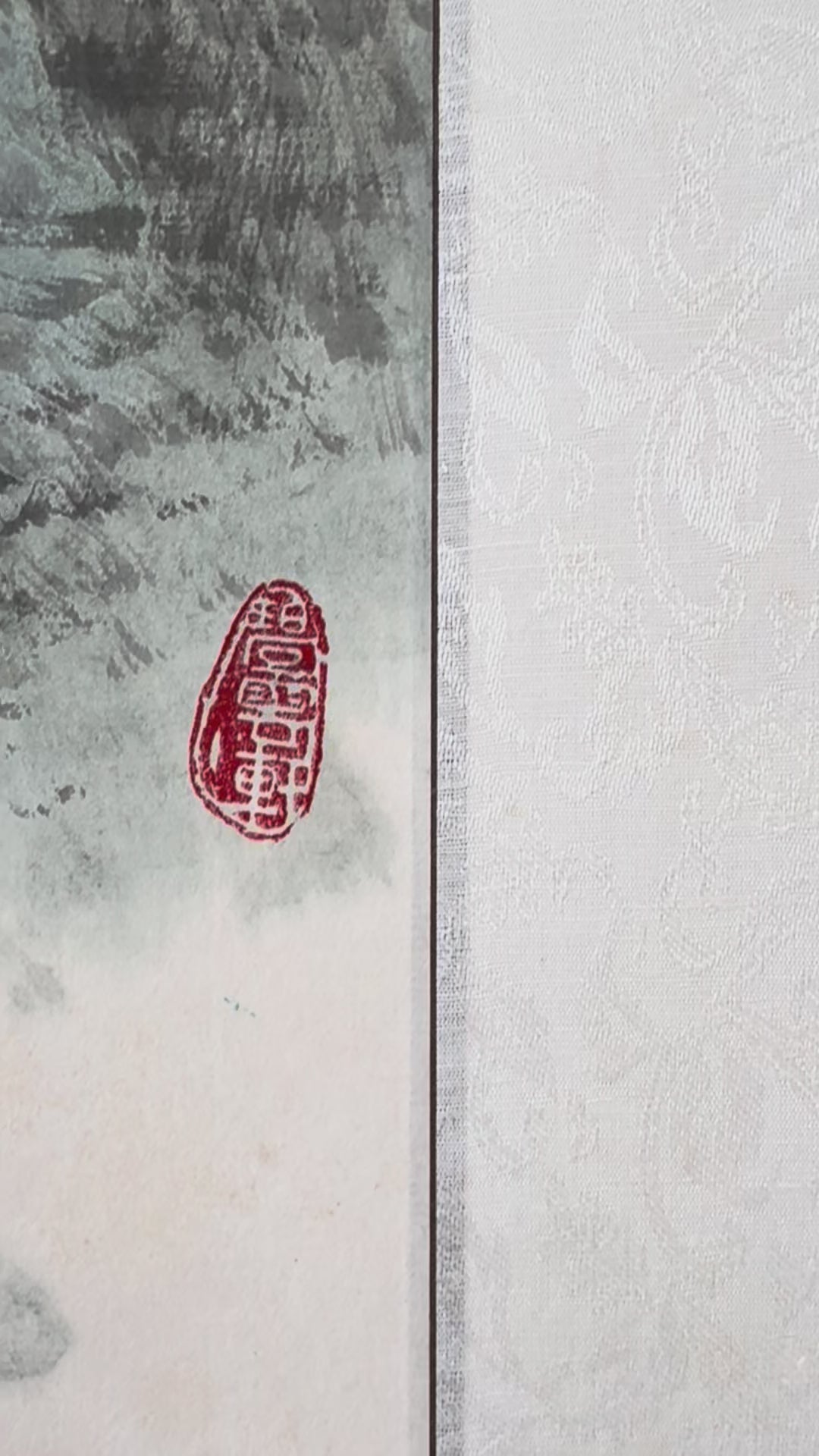 Japanese Mountain Landscape Hanging Scroll – Spring Nihonga Literati Painting by Kiyoo Sekimoto, Modern Kakemono on White Silk Brocade