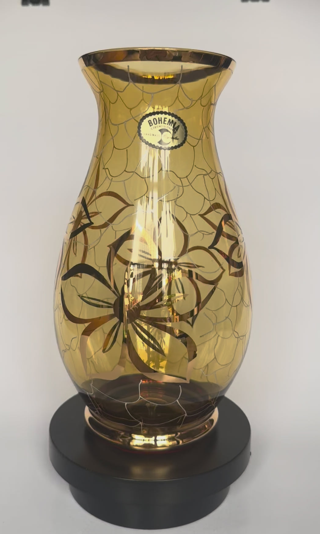 Bohemia Small Decorative Glass Vase – Czech Floral Etched Amber Crystal