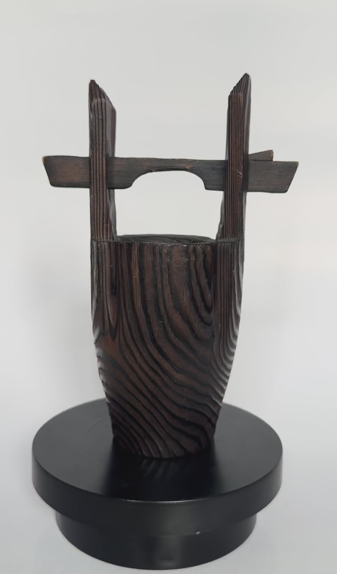 Japanese Wooden Ikebana Vase with Handle – Solid Wood Flower Vessel with Copper Liner