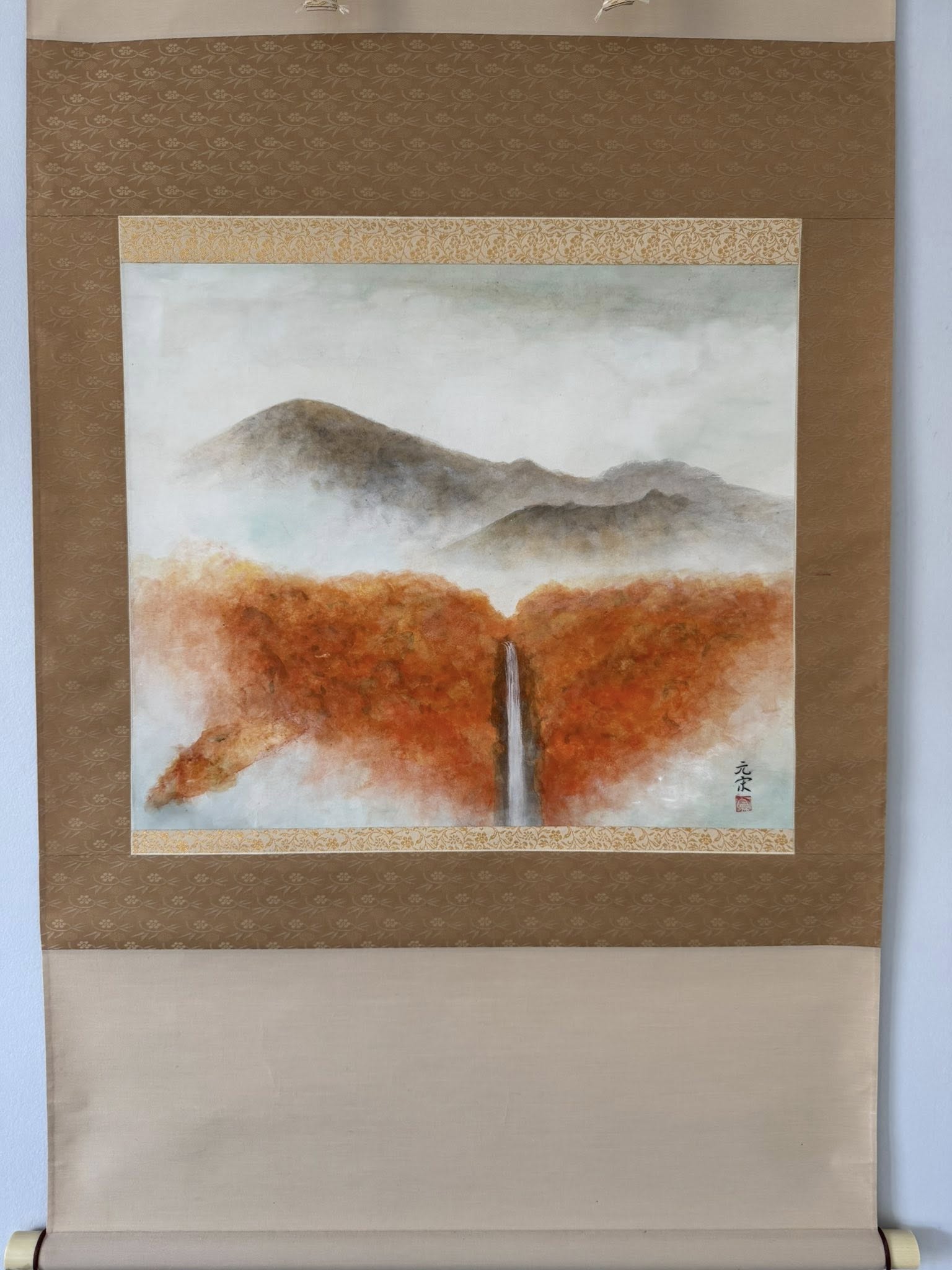 Japanese Autumn Waterfall Scroll Painting | Hand-Painted Sumi-e Kakemono Art