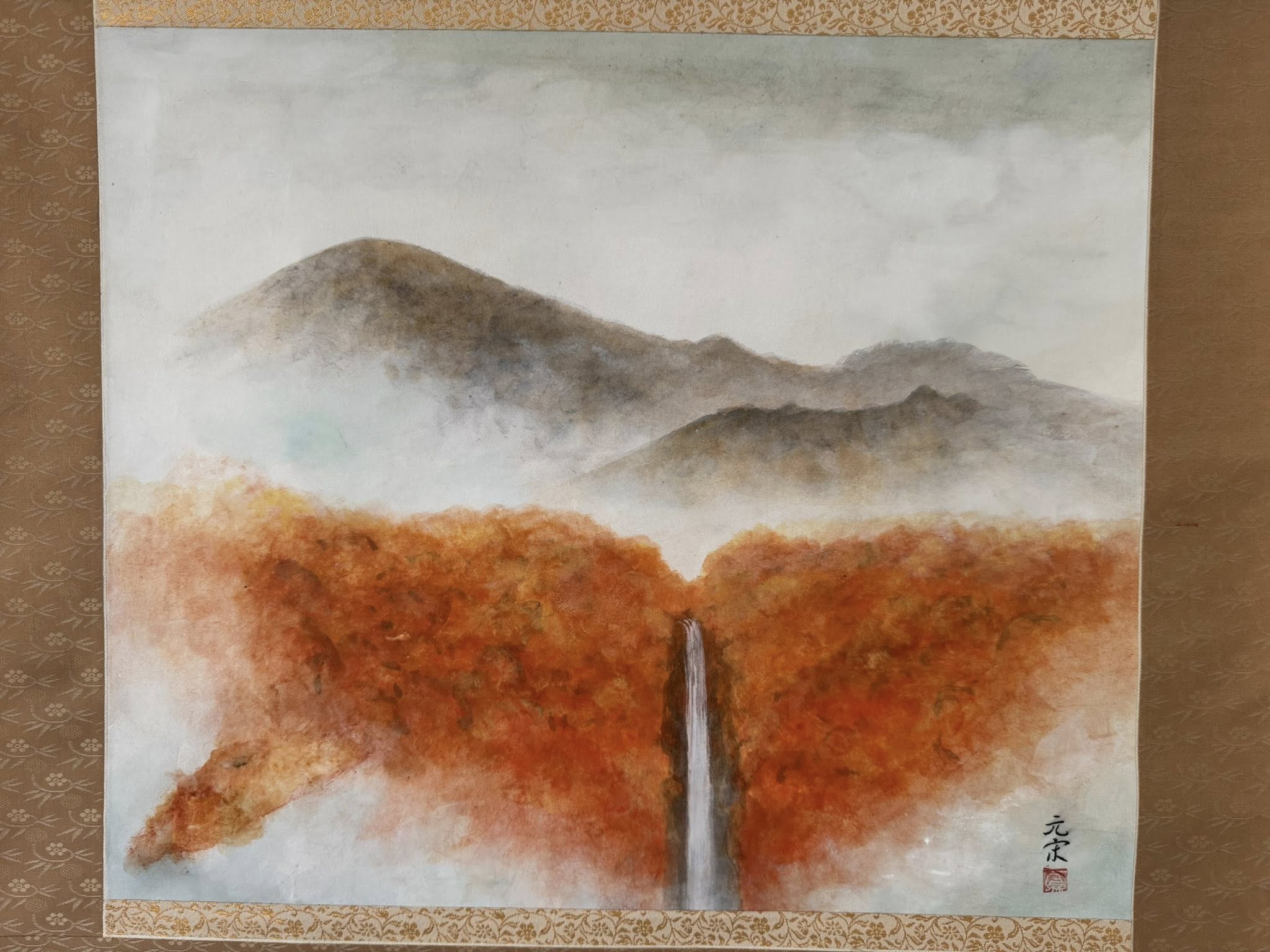 Japanese Autumn Waterfall Scroll Painting | Hand-Painted Sumi-e Kakemono Art