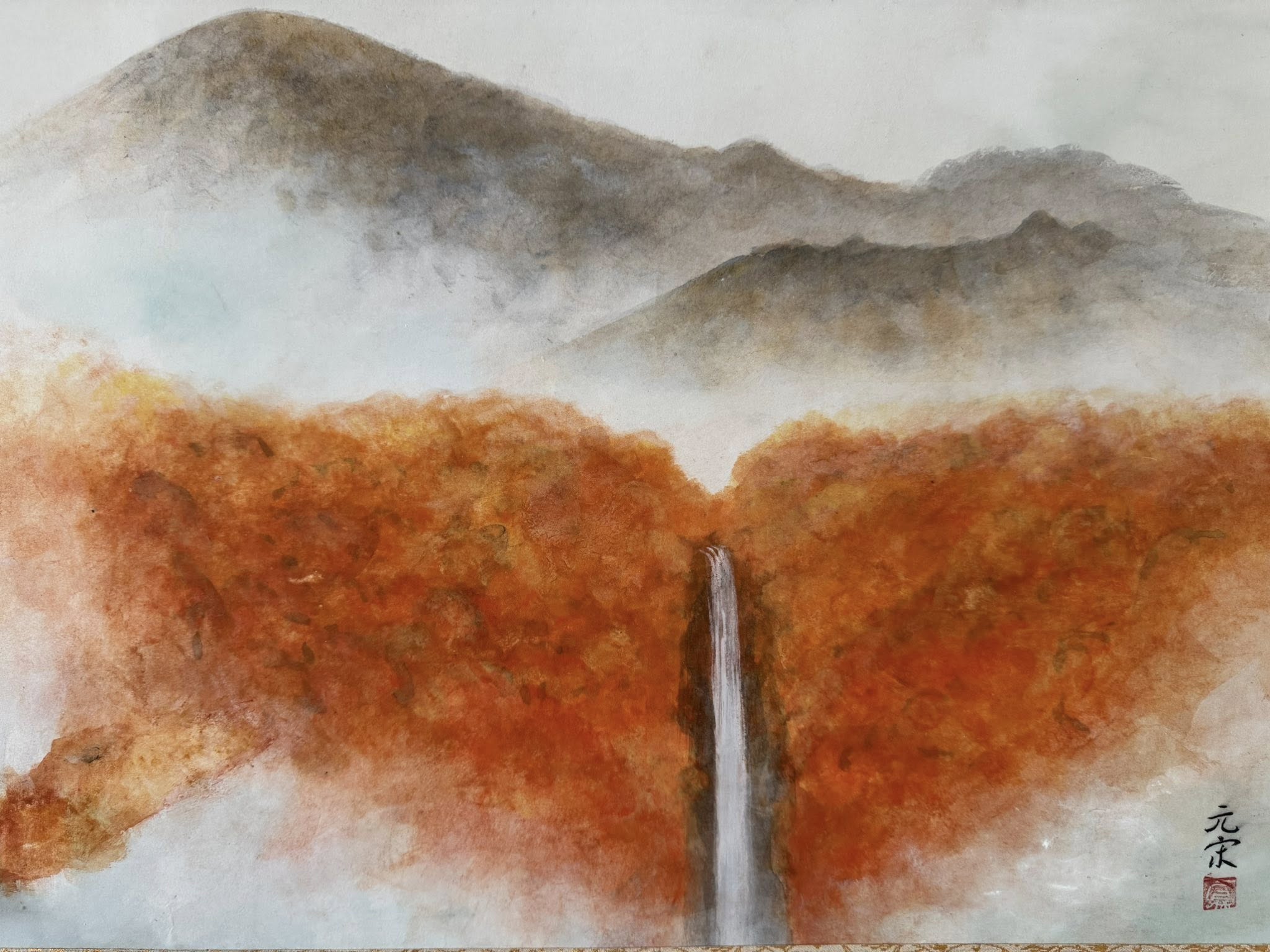 Japanese Autumn Waterfall Scroll Painting | Hand-Painted Sumi-e Kakemono Art