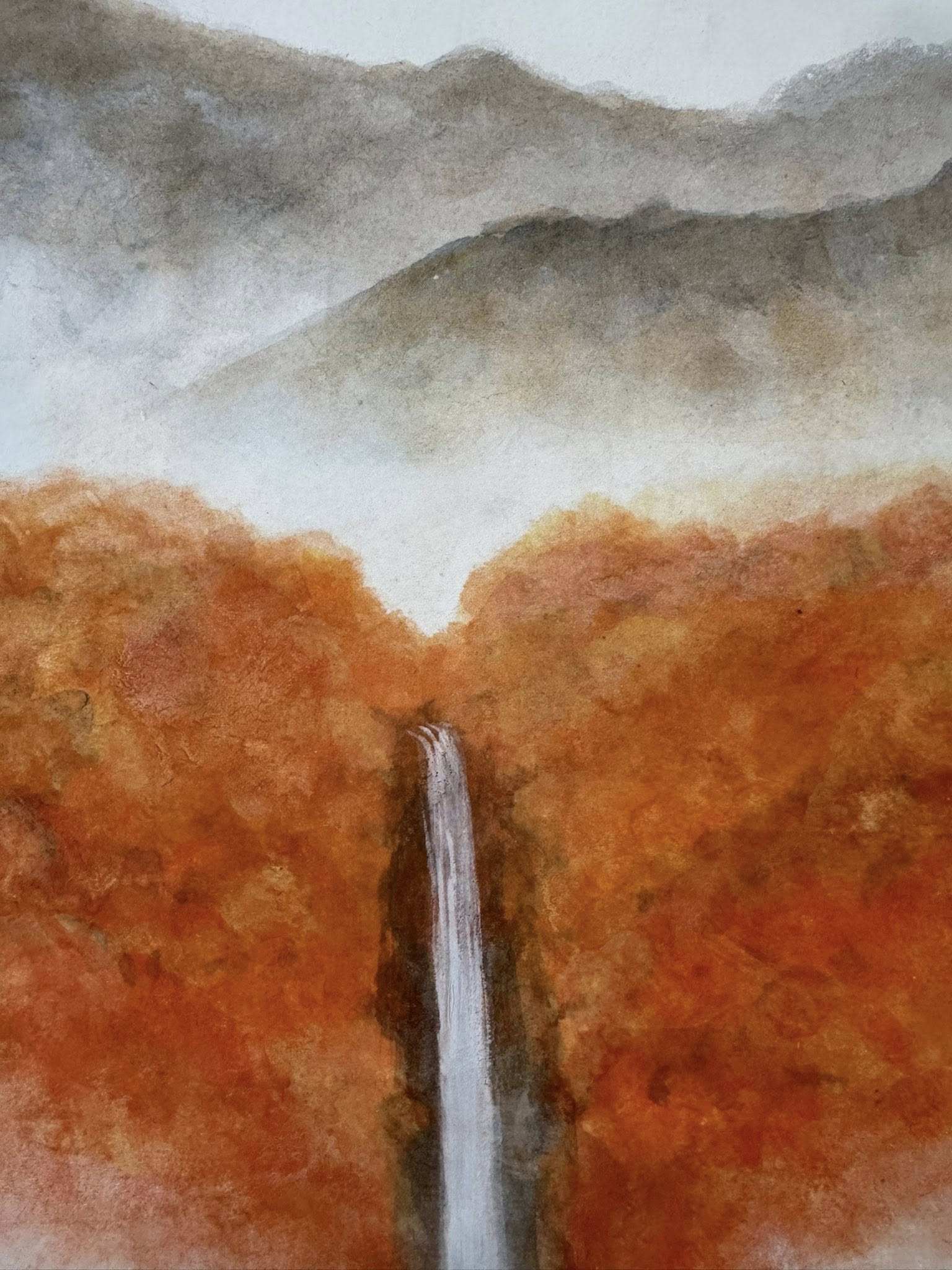 Japanese Autumn Waterfall Scroll Painting | Hand-Painted Sumi-e Kakemono Art