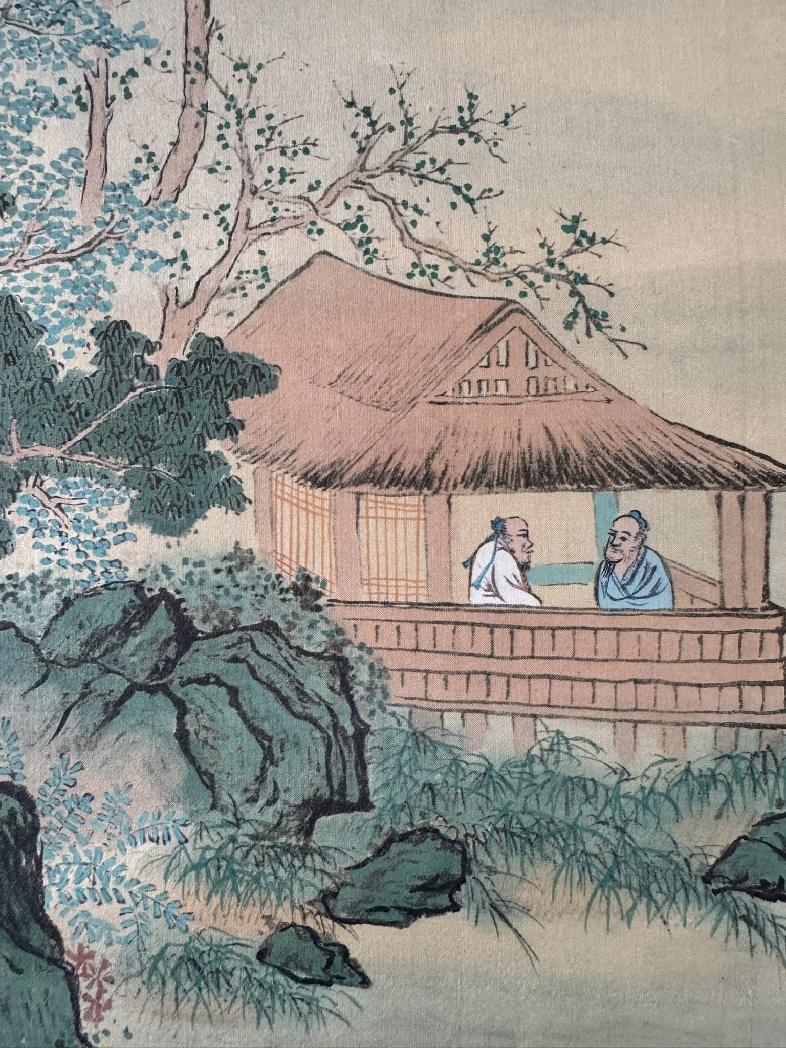 Vintage Japanese Scroll | Two Elders in Mountain Retreat | Hand-Painted Kakemono