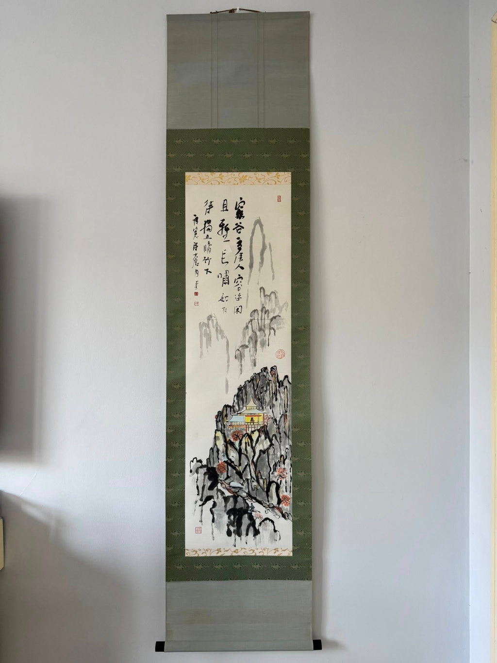 Vintage Japanese Hand-Painted Scroll | Mountain Temple & Poem Kakemono
